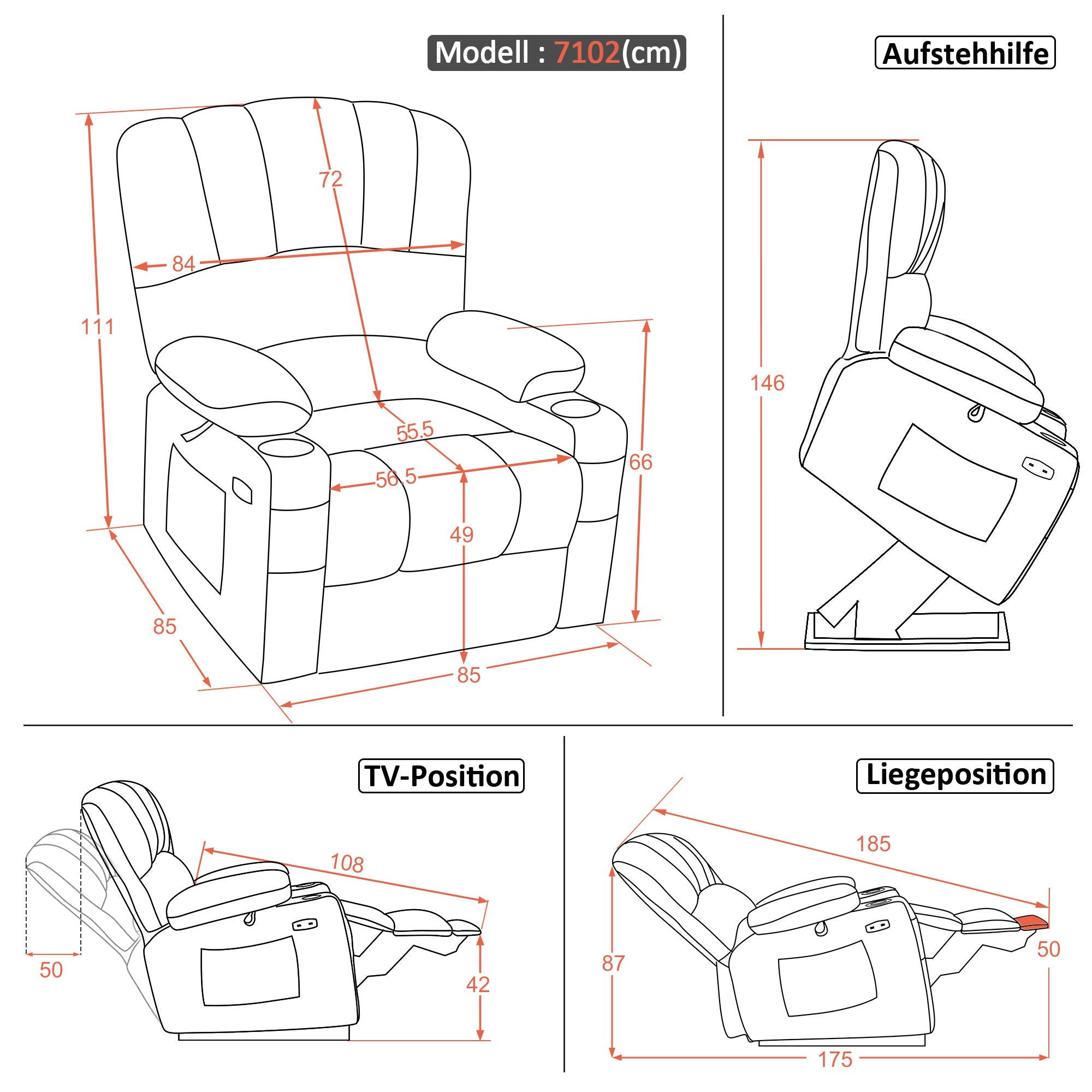 MCombo Poltrona relax con sollevamento assistito e funzione reclinabile 7102, poltrona TV regolabile elettricamente, poltrona TV con funzione massaggio e riscaldamento, per soggiorni per anziani, USB