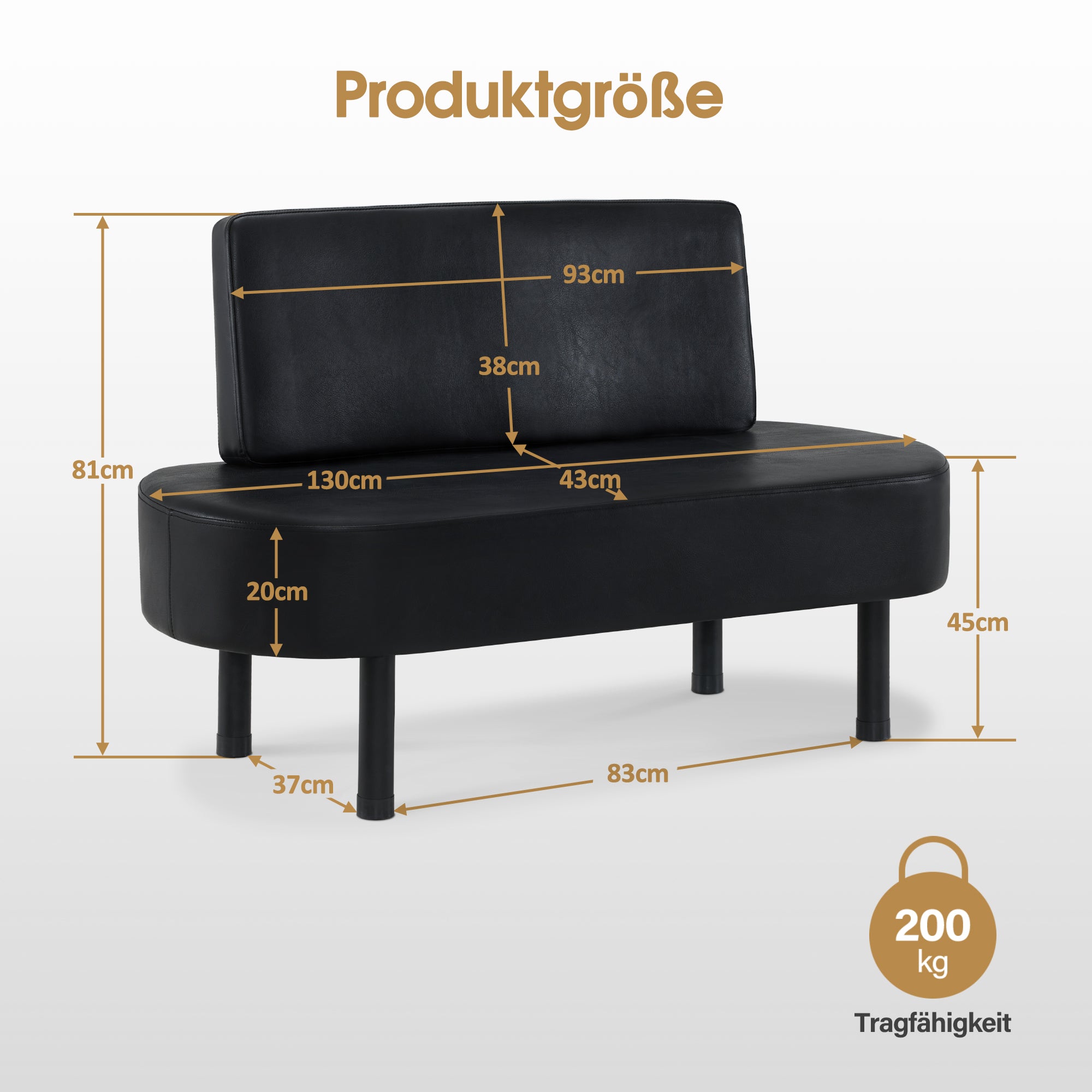 MCombo 3-zits bank met rugleuning, 130 cm wachtbank, gestoffeerde bank met rugleuning, halbank zwart, woonkamerbank, schoenenbank W517 (Zwart/Kunstleer)