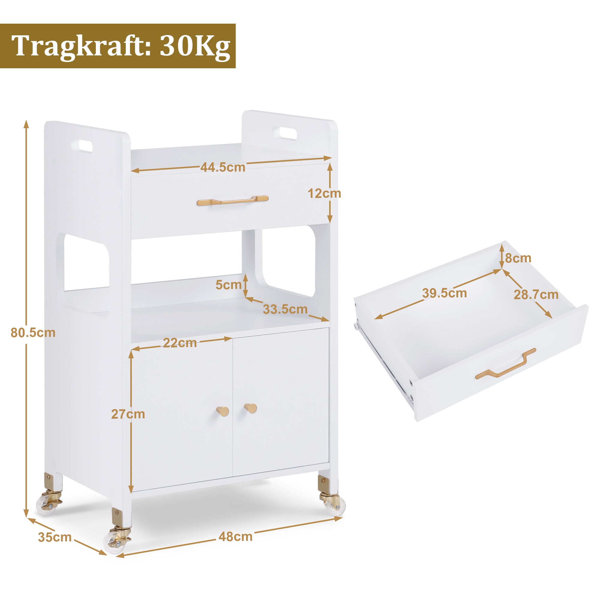 MCombo Carrello di servizio con ruote e cassetti, carrello su ruote, carrello da parrucchiere, bianco, carrello da salone con 2 ripiani, carrello da lavoro moderno per bagno e soggiorno, 35x48x80,5 cm, 0055