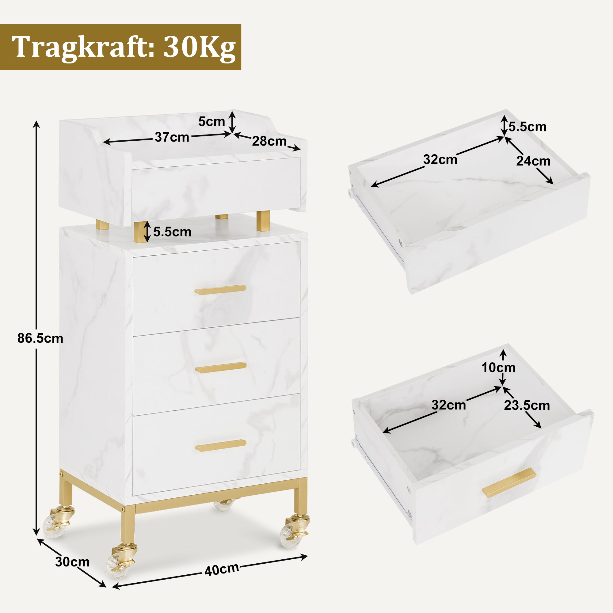 MCombo Carrello di servizio con ruote e 4 cassetti, carrello su ruote, carrello da parrucchiere, bianco, carrello da salone con ripiano, carrello da lavoro moderno per bagno/soggiorno, 30x40x86,5 cm, 0062