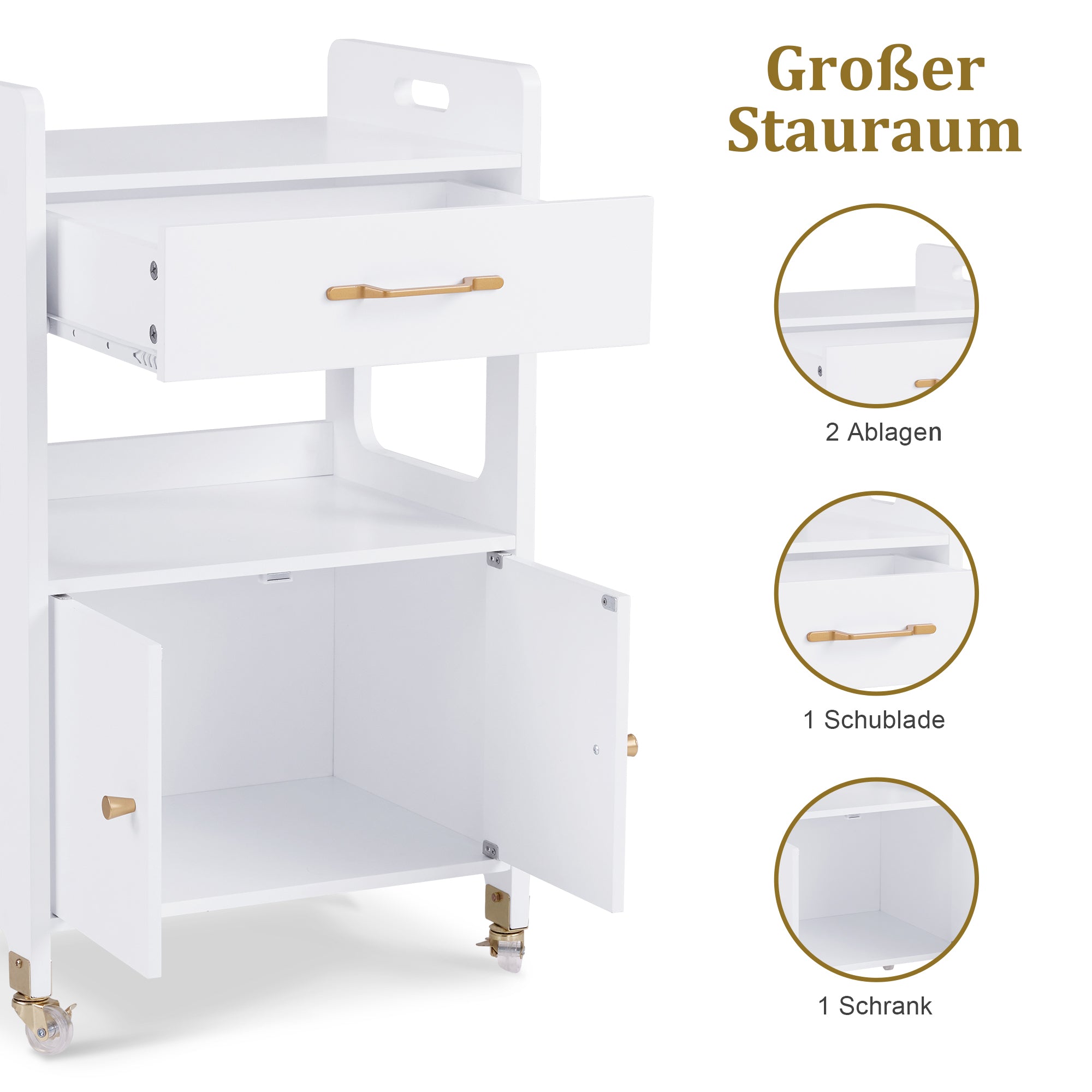 MCombo Carrello di servizio con ruote e cassetti, carrello su ruote, carrello da parrucchiere, bianco, carrello da salone con 2 ripiani, carrello da lavoro moderno per bagno e soggiorno, 35x48x80,5 cm, 0055