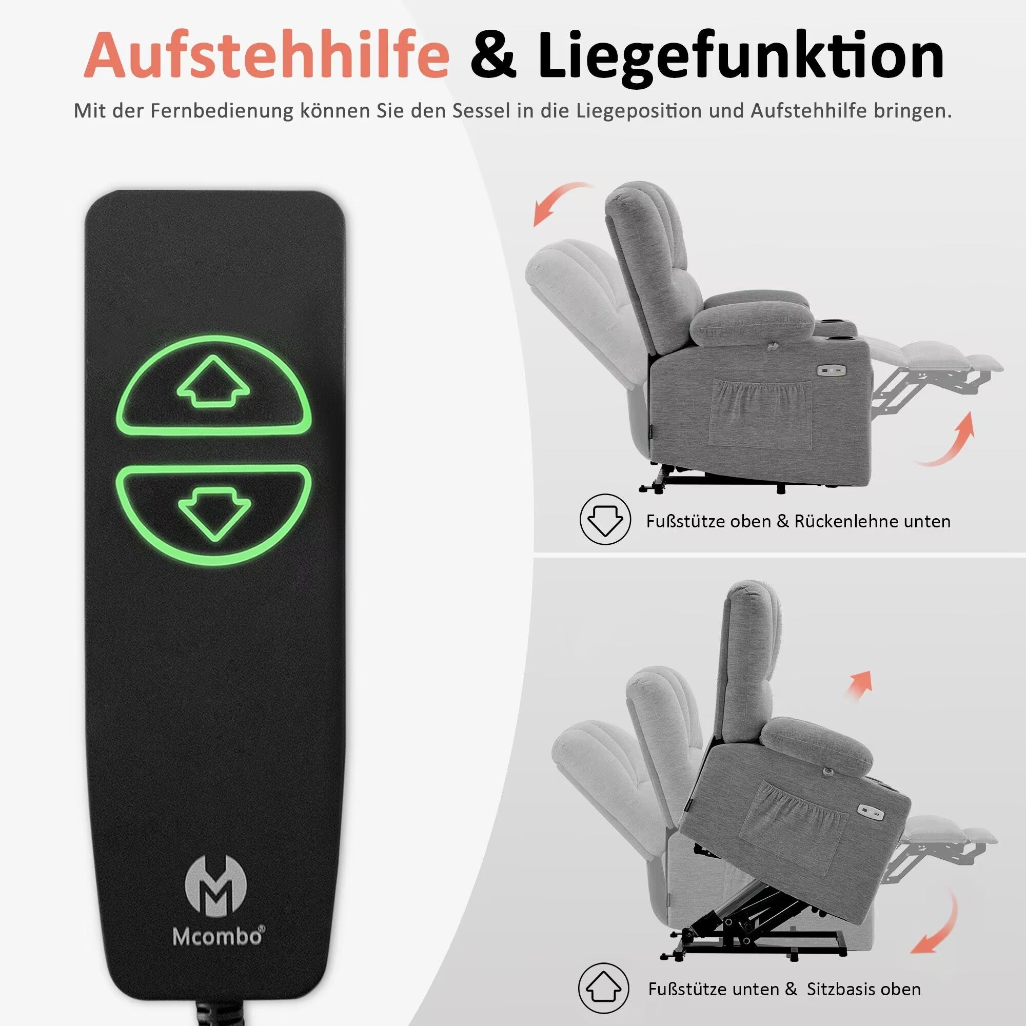 MCombo Poltrona relax con sollevamento assistito e funzione reclinabile 7102, poltrona TV regolabile elettricamente, poltrona TV con funzione massaggio e riscaldamento, per soggiorni per anziani, USB