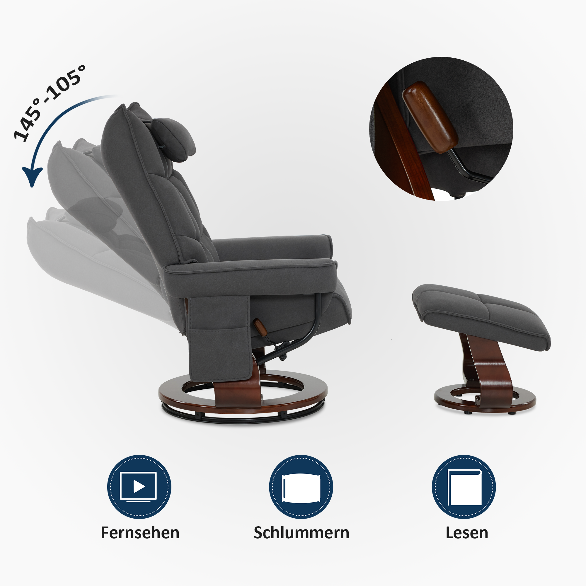 MCombo Relaxfauteuil met Hocker 9076, Draaiende fauteuil met ligfunctie, Moderne TV-fauteuil voor de woonkamer, met kussen en zijzak, Microvezel/Stof, 140 x 92 x 111 cm