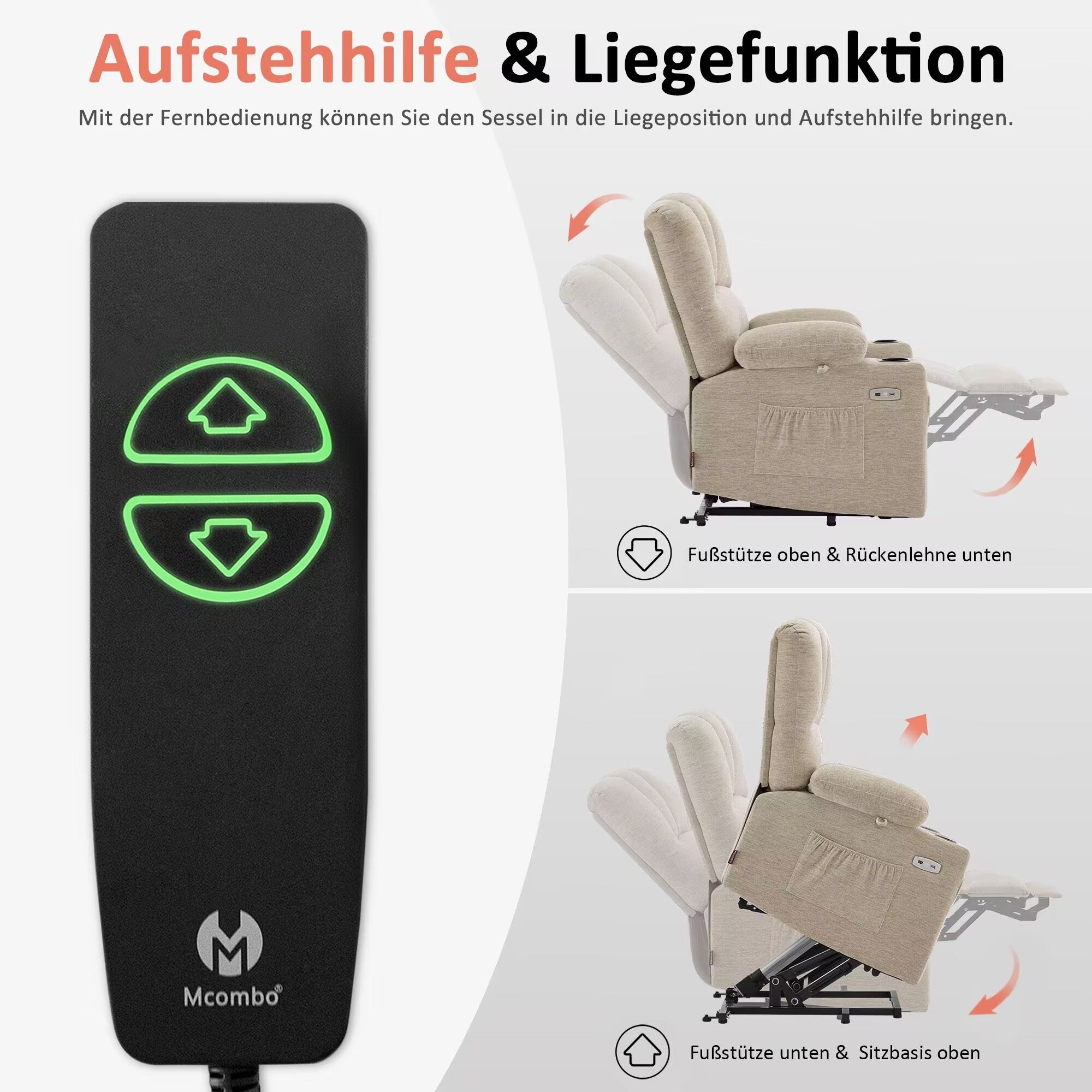 MCombo Poltrona relax con sollevamento assistito e funzione reclinabile 7102, poltrona TV regolabile elettricamente, poltrona TV con funzione massaggio e riscaldamento, per soggiorni per anziani, USB