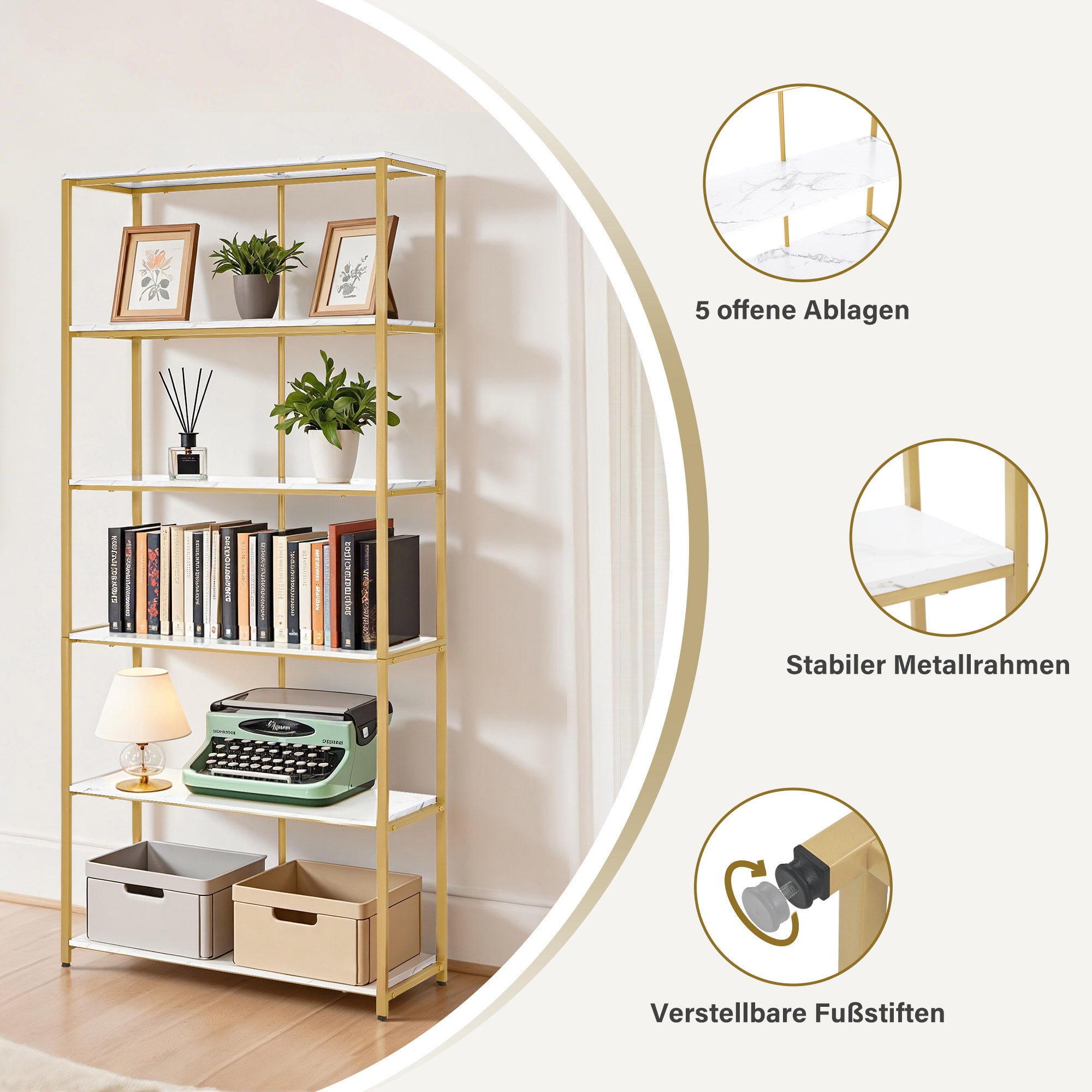 MCombo Libreria color oro, scaffale autoportante a 5 ripiani con struttura in metallo; ideale per ufficio, soggiorno, camera da letto, cucina o centro estetico; 30x80x180 cm, 5166