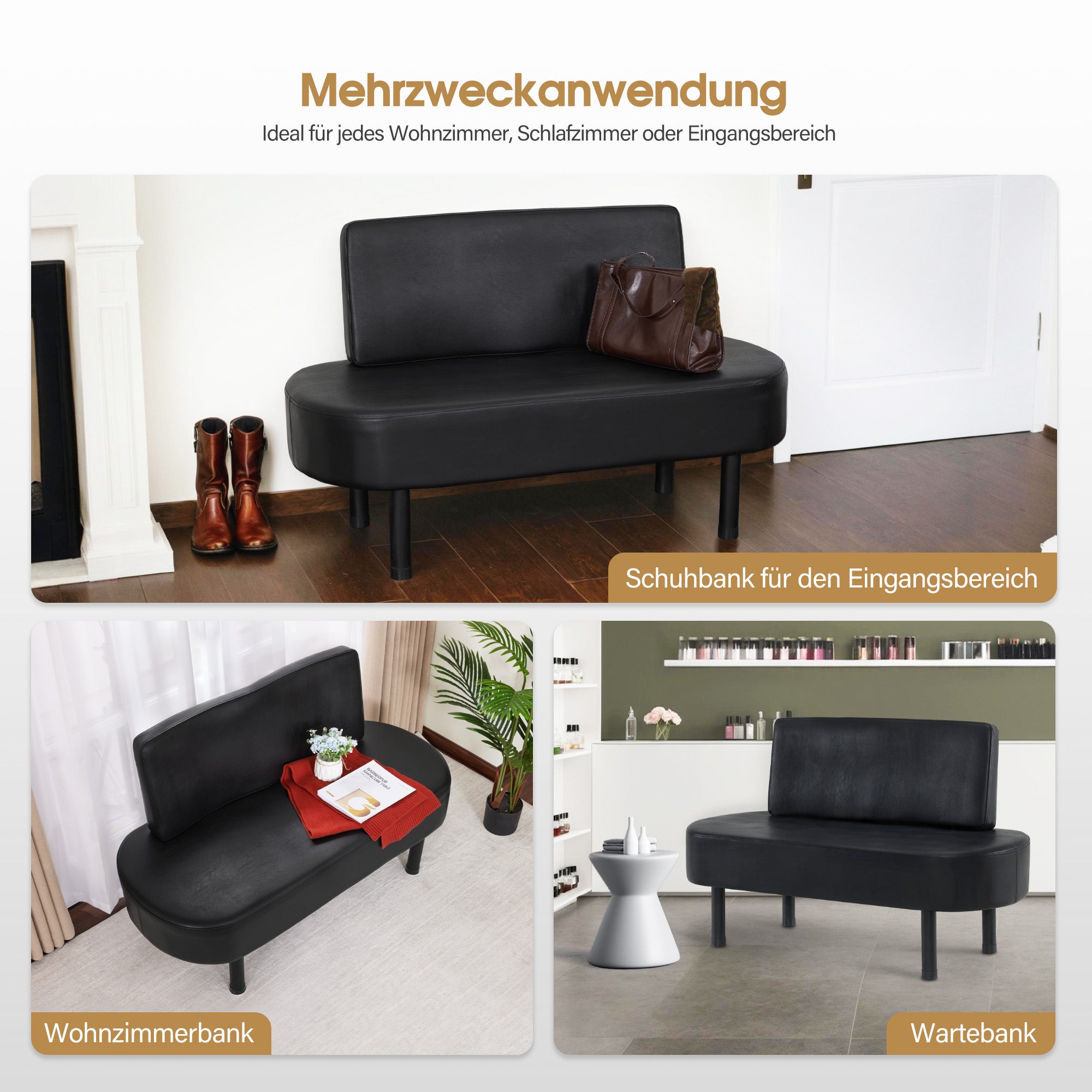 MCombo 3-zits bank met rugleuning, 130 cm wachtbank, gestoffeerde bank met rugleuning, halbank zwart, woonkamerbank, schoenenbank W517 (Zwart/Kunstleer)