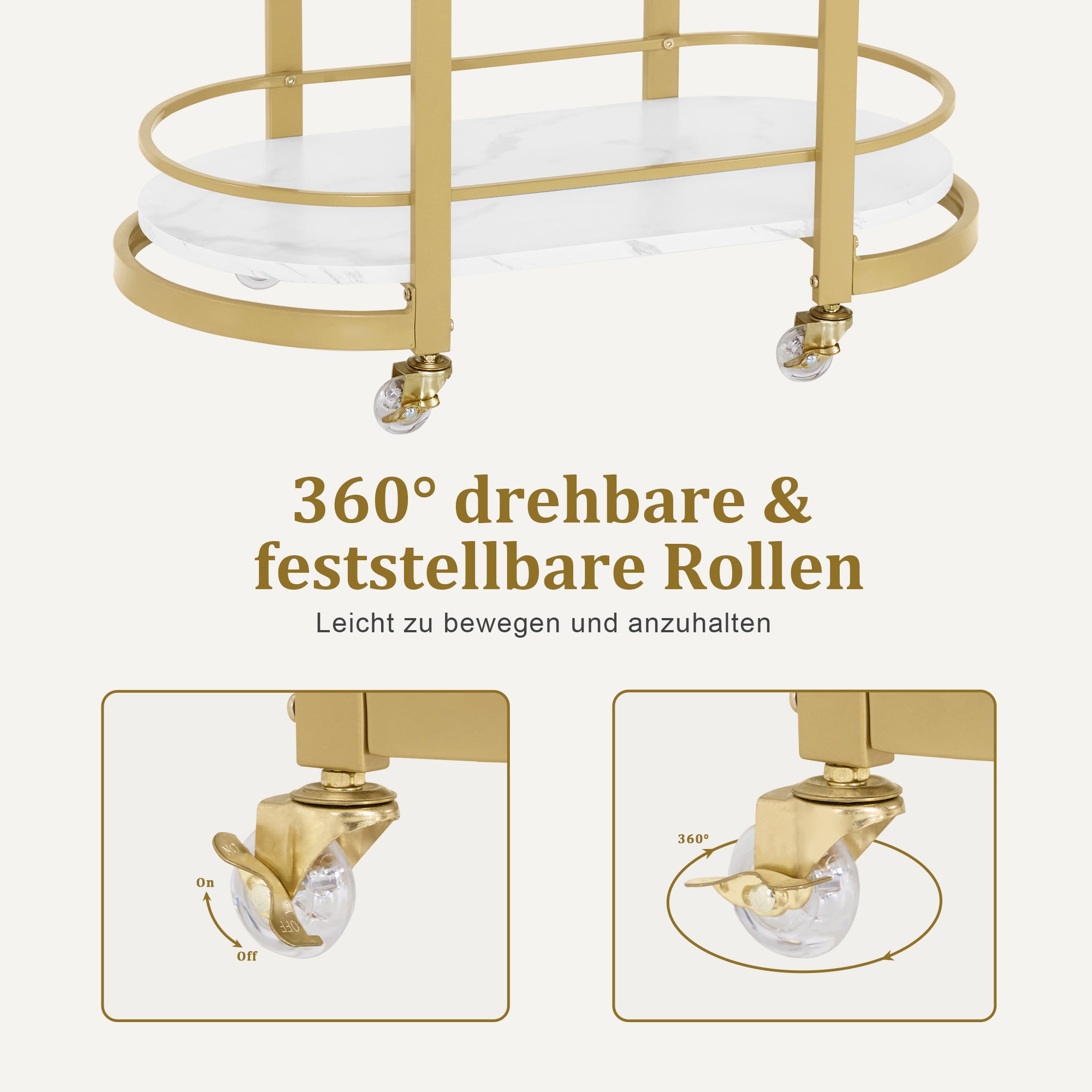 MCombo Carrello di servizio con ruote, carrello da cucina, carrello bar, struttura in metallo, bianco e oro, carrello moderno con ruote, carrello multiuso con 3 ripiani, per cucina, bagno, soggiorno, ufficio, 40x75,5x80, 0034