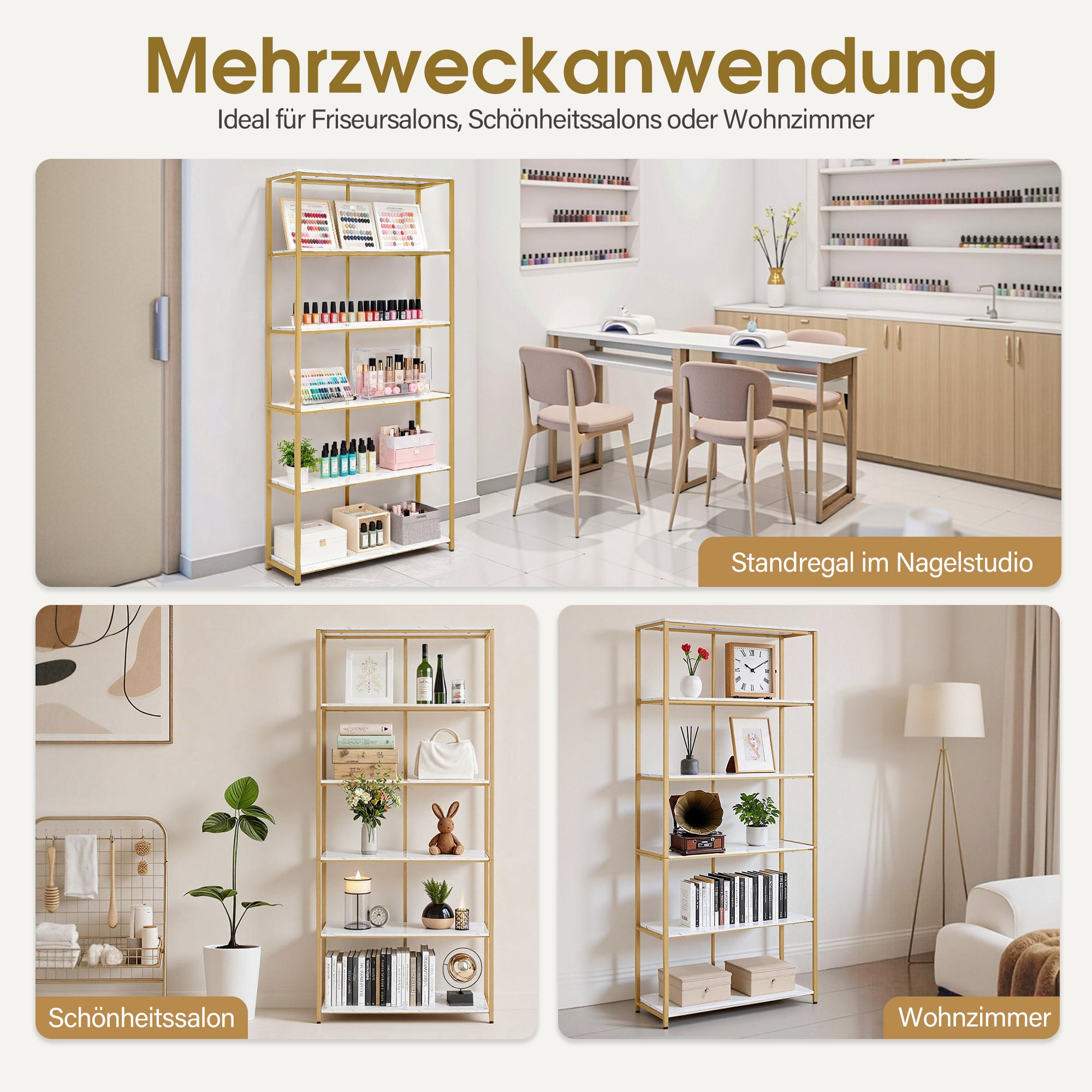 MCombo Libreria color oro, scaffale autoportante a 5 ripiani con struttura in metallo; ideale per ufficio, soggiorno, camera da letto, cucina o centro estetico; 30x80x180 cm, 5166