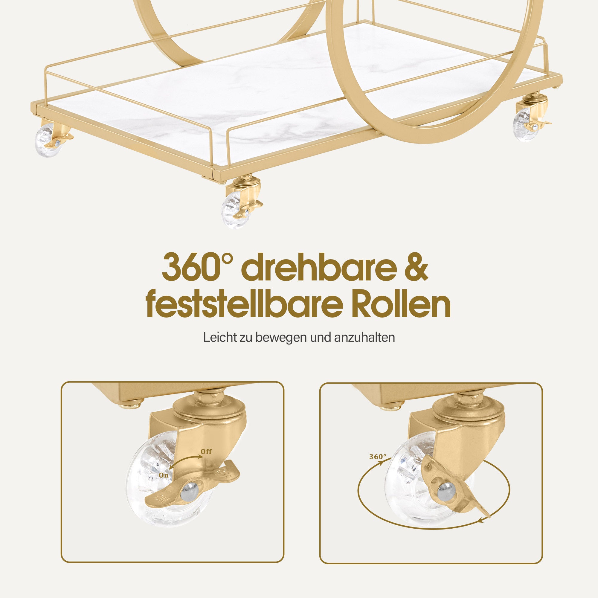 MCombo Carrello di servizio con ruote, carrello da cucina, carrello bar, struttura in metallo, bianco e oro, carrello moderno su ruote, carrello multiuso con 3 ripiani, per cucina, bagno, soggiorno, monolocale, 65x43x70, 0074