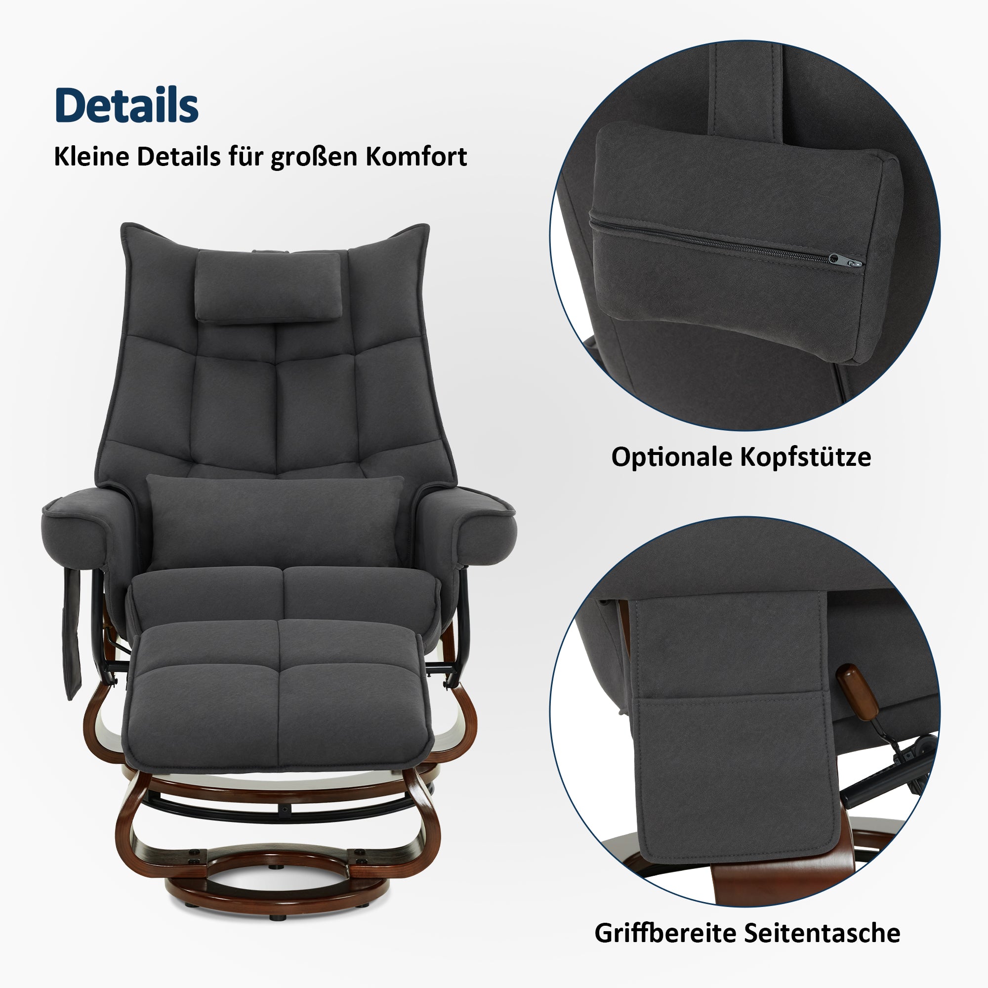 MCombo Relaxfauteuil met Hocker 9076, Draaiende fauteuil met ligfunctie, Moderne TV-fauteuil voor de woonkamer, met kussen en zijzak, Microvezel/Stof, 140 x 92 x 111 cm