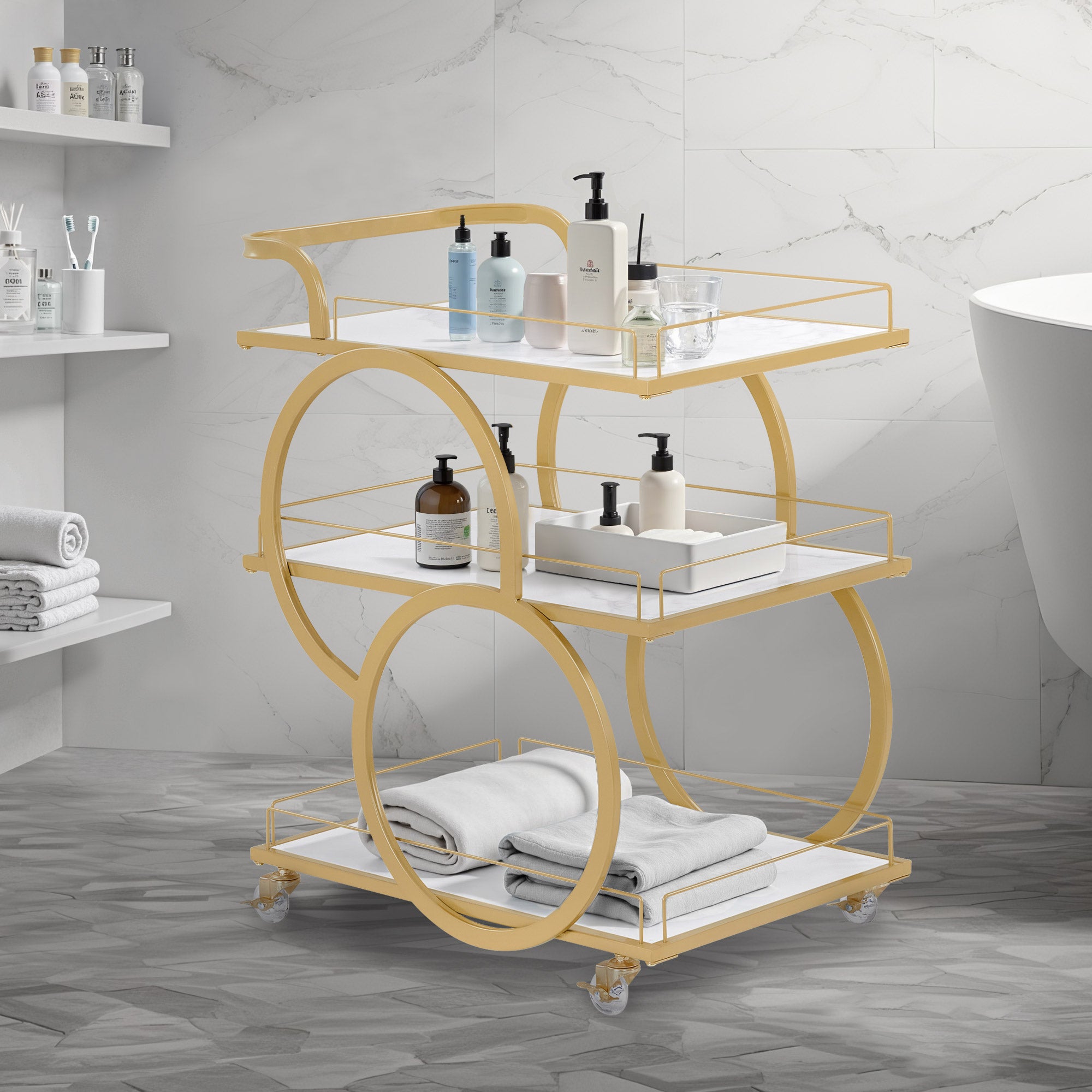 MCombo Carrello di servizio con ruote, carrello da cucina, carrello bar, struttura in metallo, bianco e oro, carrello moderno su ruote, carrello multiuso con 3 ripiani, per cucina, bagno, soggiorno, monolocale, 65x43x70, 0074