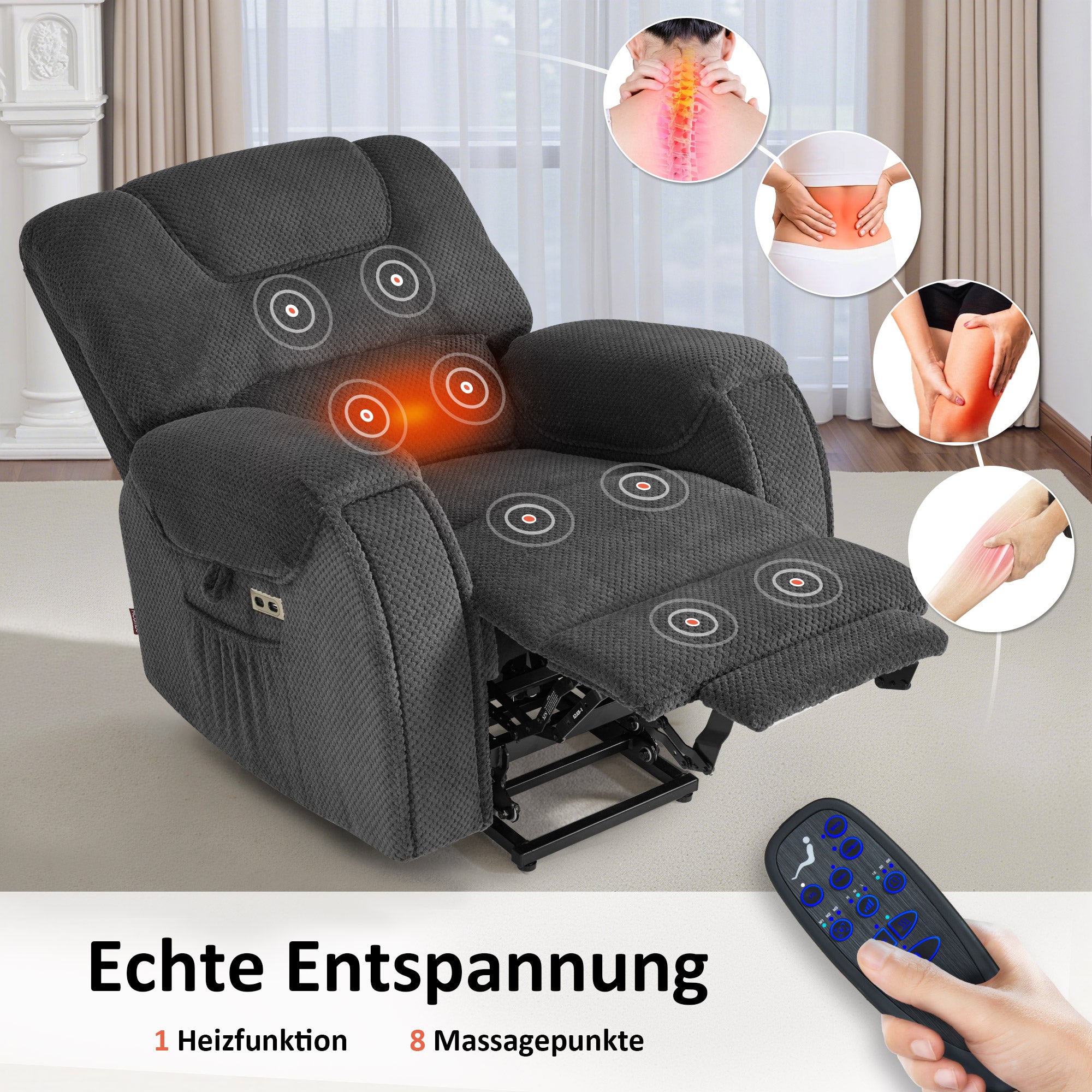 MCombo Poltrona TV elettrica con sollevamento assistito, massaggio e riscaldamento, schienale reclinabile fino a 145°, cuscino di seduta in schiuma 35D, portabicchieri a scomparsa 7252