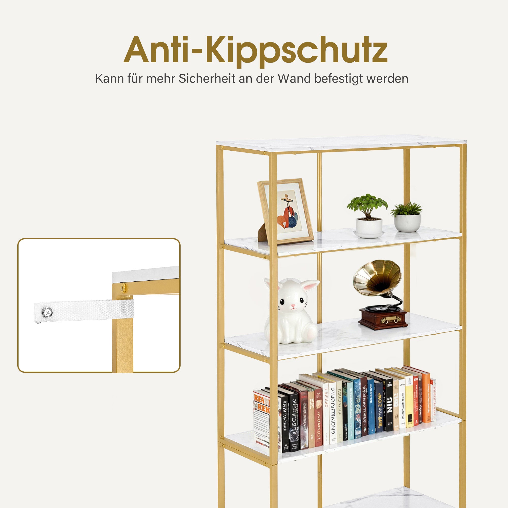 MCombo Libreria color oro, scaffale autoportante a 5 ripiani con struttura in metallo; ideale per ufficio, soggiorno, camera da letto, cucina o centro estetico; 30x80x180 cm, 5166