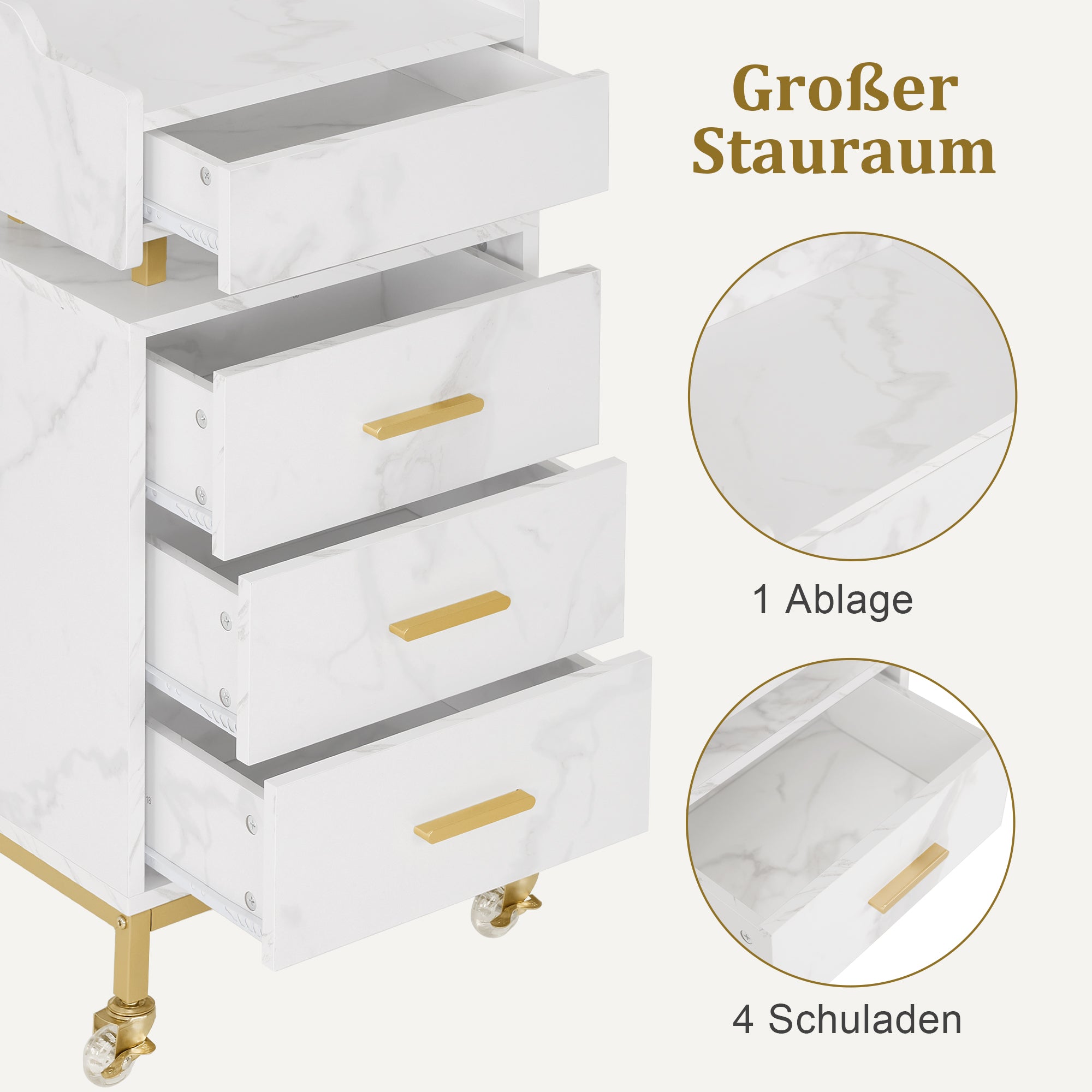 MCombo Carrello di servizio con ruote e 4 cassetti, carrello su ruote, carrello da parrucchiere, bianco, carrello da salone con ripiano, carrello da lavoro moderno per bagno/soggiorno, 30x40x86,5 cm, 0062