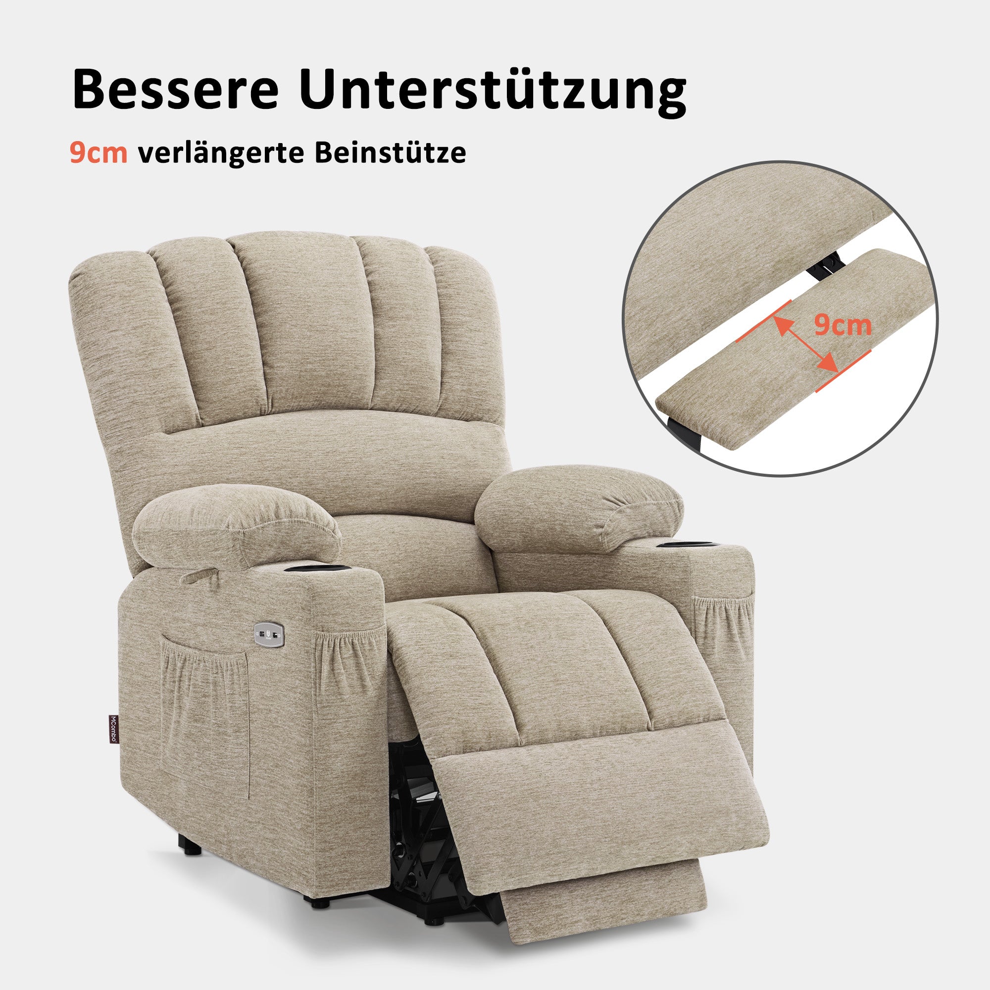 MCombo Poltrona relax con sollevamento assistito e funzione reclinabile 7102, poltrona TV regolabile elettricamente, poltrona TV con funzione massaggio e riscaldamento, per soggiorni per anziani, USB