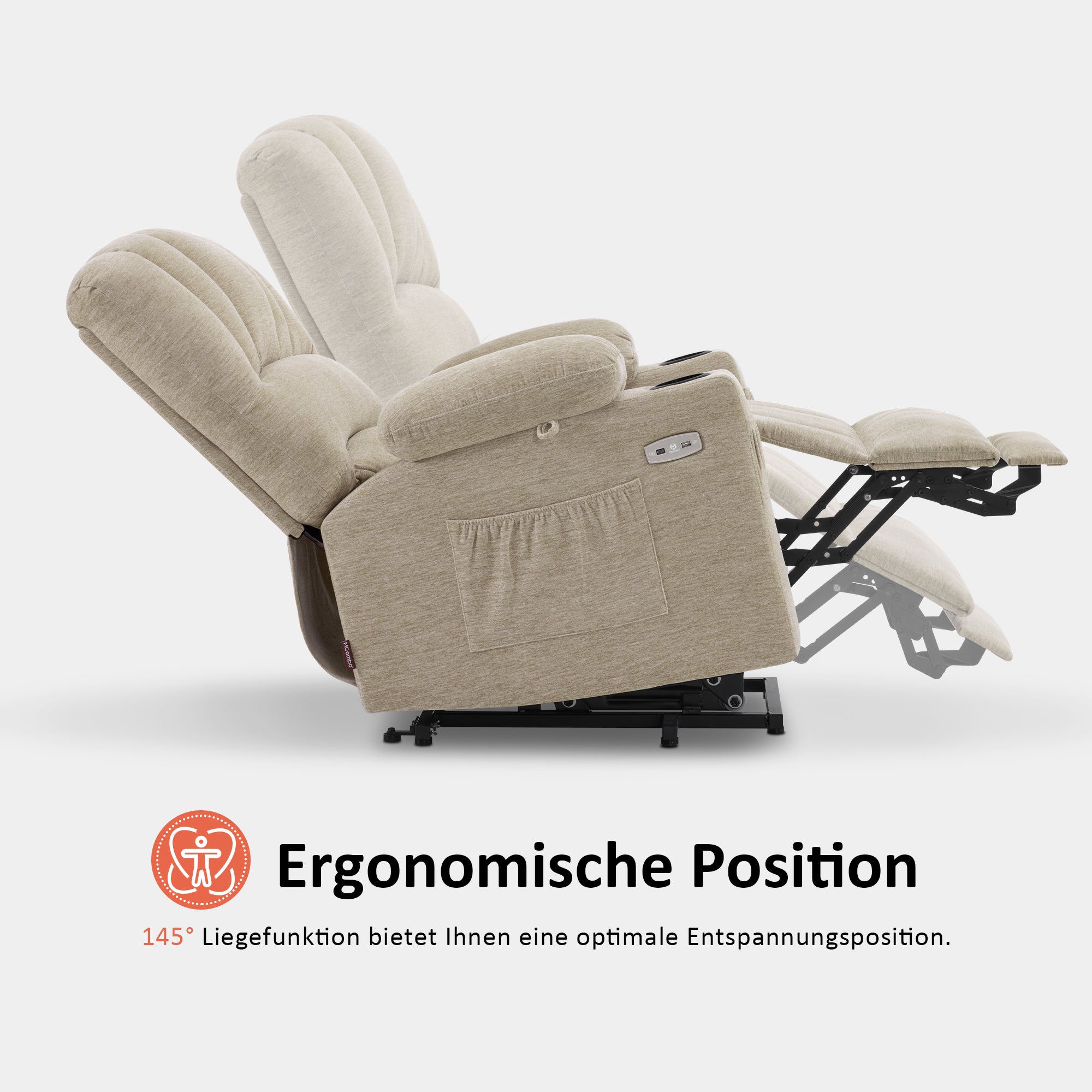 MCombo Poltrona relax con sollevamento assistito e funzione reclinabile 7102, poltrona TV regolabile elettricamente, poltrona TV con funzione massaggio e riscaldamento, per soggiorni per anziani, USB