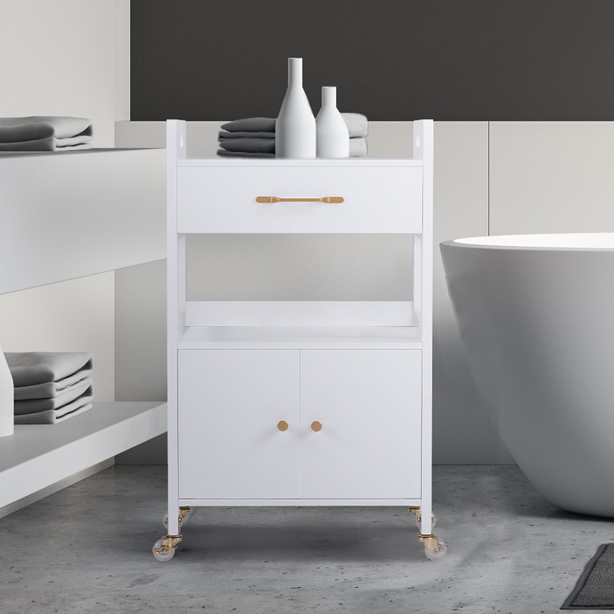 MCombo Carrello di servizio con ruote e cassetti, carrello su ruote, carrello da parrucchiere, bianco, carrello da salone con 2 ripiani, carrello da lavoro moderno per bagno e soggiorno, 35x48x80,5 cm, 0055