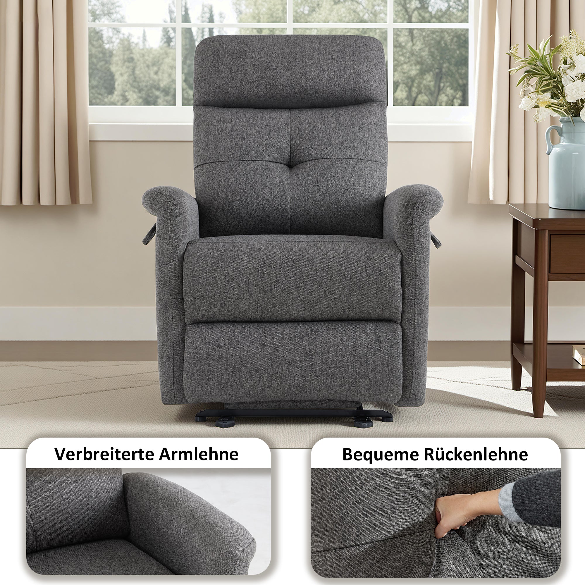 M MCombo elektrische fauteuil met opsta-hulp, fauteuil met ligfunctie tot 140°, massage en verwarming, kleine opsta-fauteuil, seniorenfauteuil voor woonkamer 7089