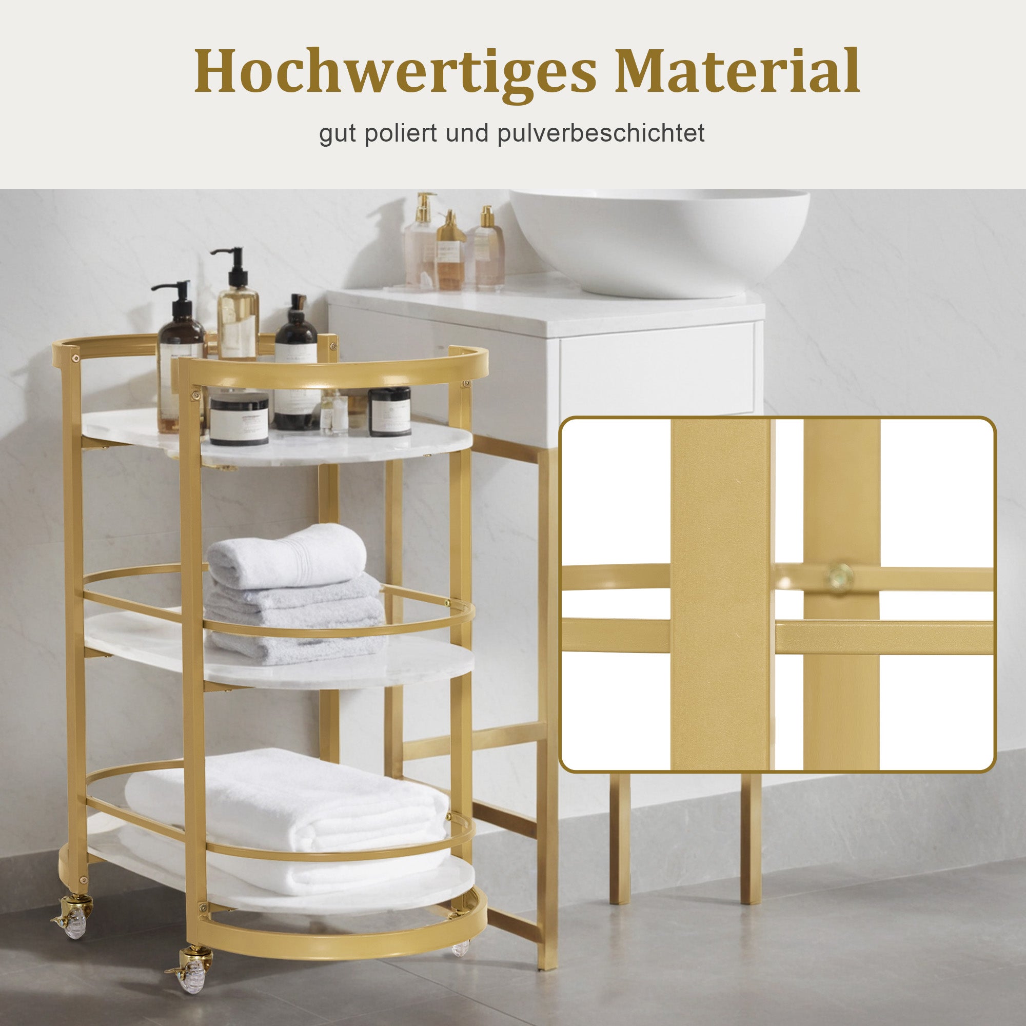 MCombo Carrello di servizio con ruote, carrello da cucina, carrello bar, struttura in metallo, bianco e oro, carrello moderno con ruote, carrello multiuso con 3 ripiani, per cucina, bagno, soggiorno, ufficio, 40x75,5x80, 0034