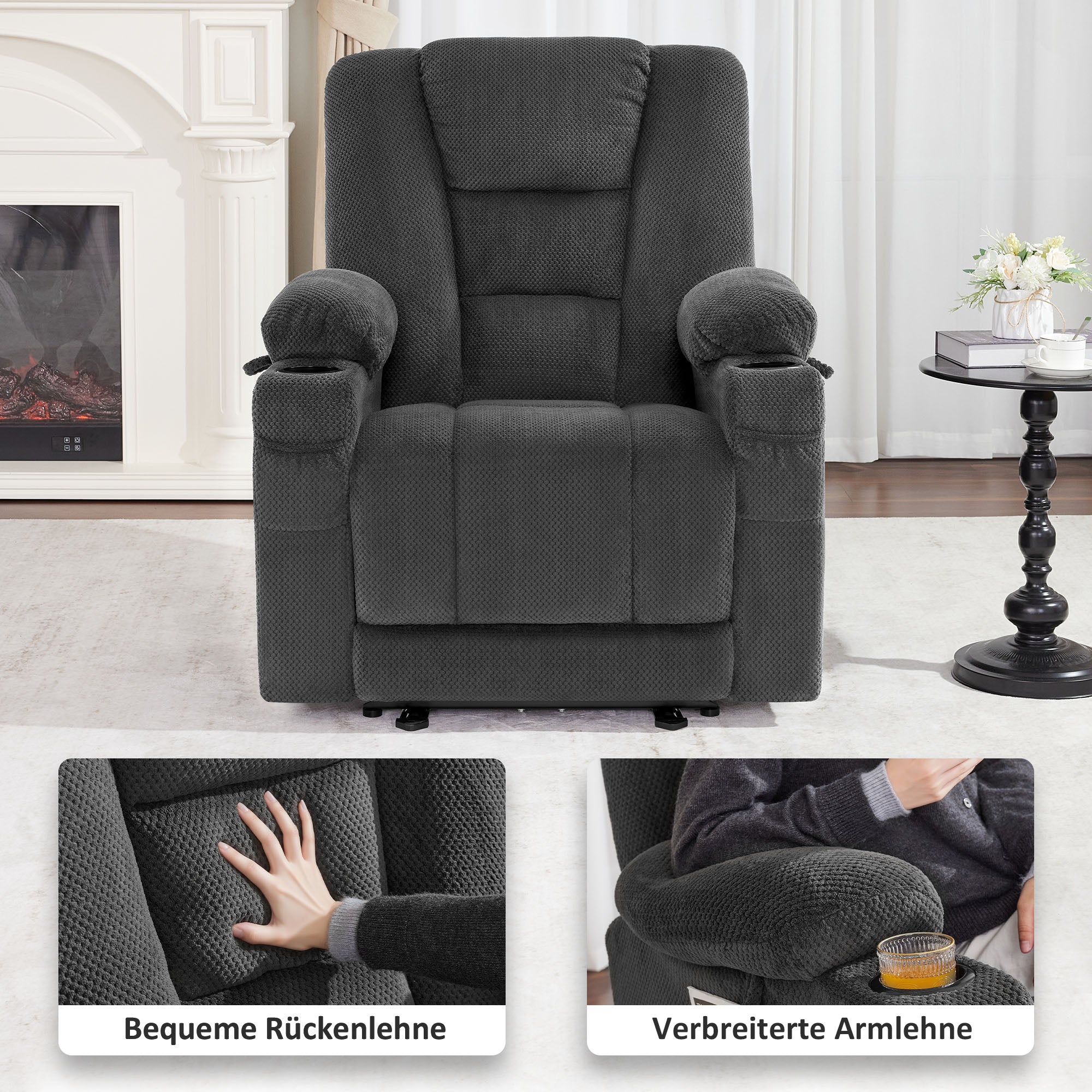 MCombo Poltrona TV reclinabile elettricamente regolabile 7008, poltrona reclinabile con funzione di sdraiarsi, poltrona TV con funzione massaggio e riscaldamento, porta USB e portabicchieri, per soggiorno