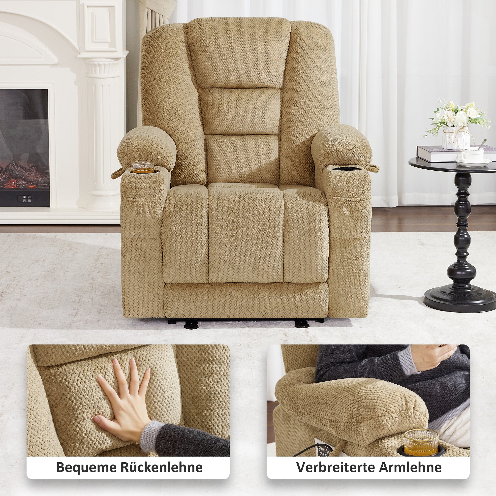MCombo Poltrona TV reclinabile elettricamente regolabile 7008, poltrona reclinabile con funzione di sdraiarsi, poltrona TV con funzione massaggio e riscaldamento, porta USB e portabicchieri, per soggiorno