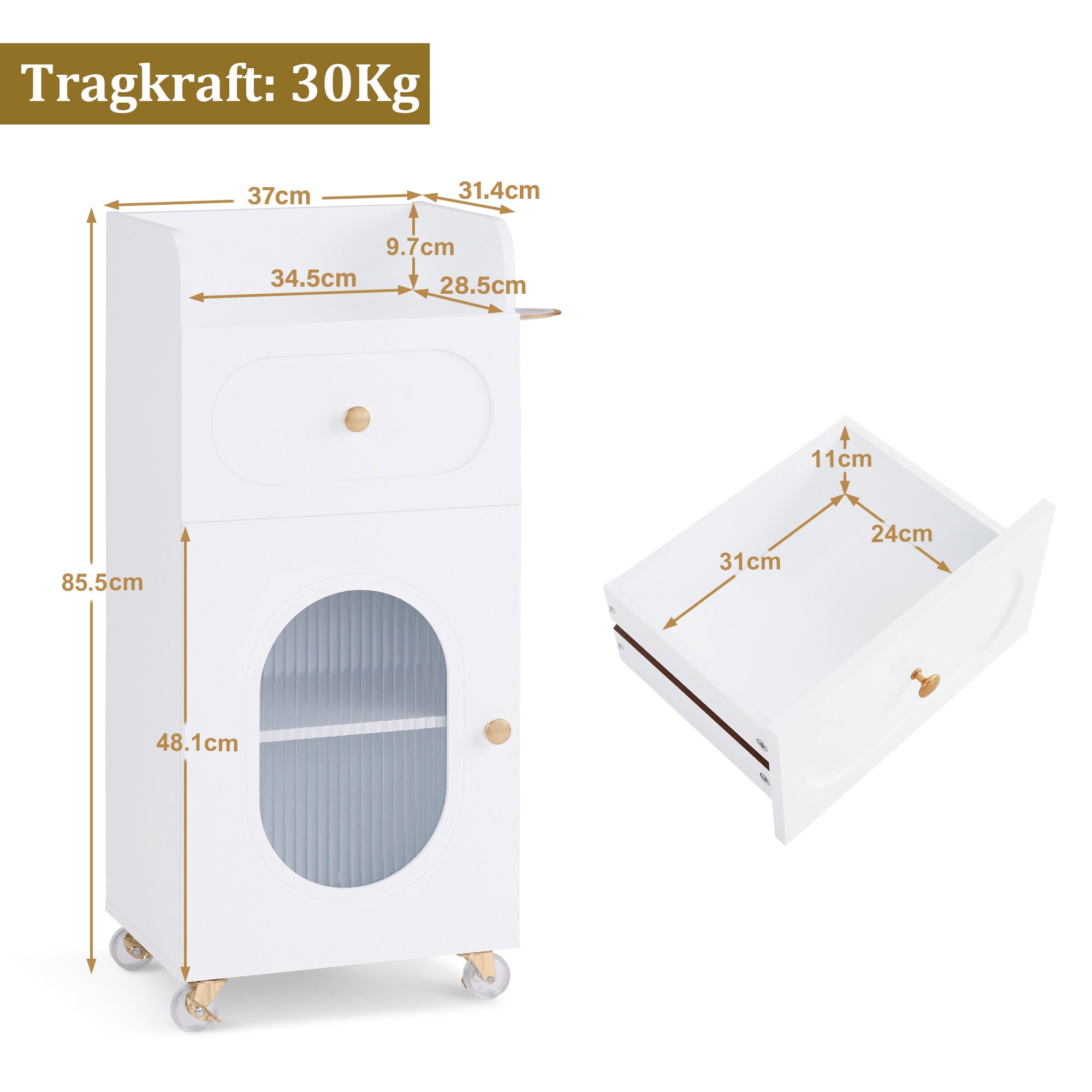 MCombo  Carrello da parrucchiere con ruote e cassetti, carrello mobile/carrello di servizio, bianco, carrello da salone con 3 ripiani e supporto per asciugacapelli, carrello da lavoro moderno per bagno/soggiorno, 31,4 x 37 x 85,5 cm, 0051