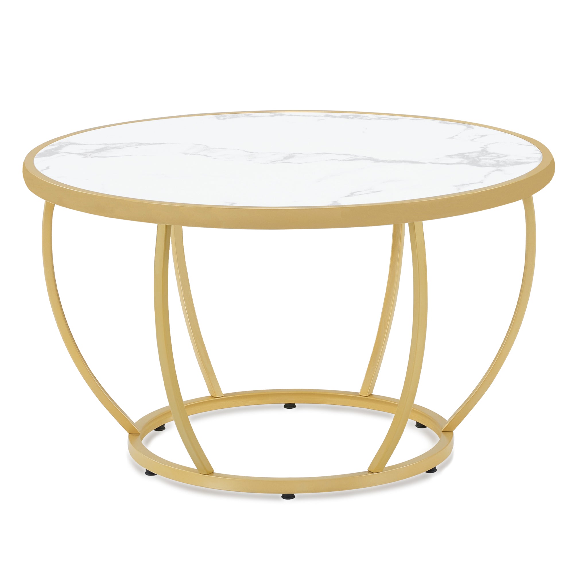 MCombo Tavolino rotondo in legno, moderno tavolino da divano, piccolo tavolino laterale in metallo, tavolino per soggiorno o salone di bellezza, finitura effetto marmo bianco e oro, 80x80x46,5 cm, 2185