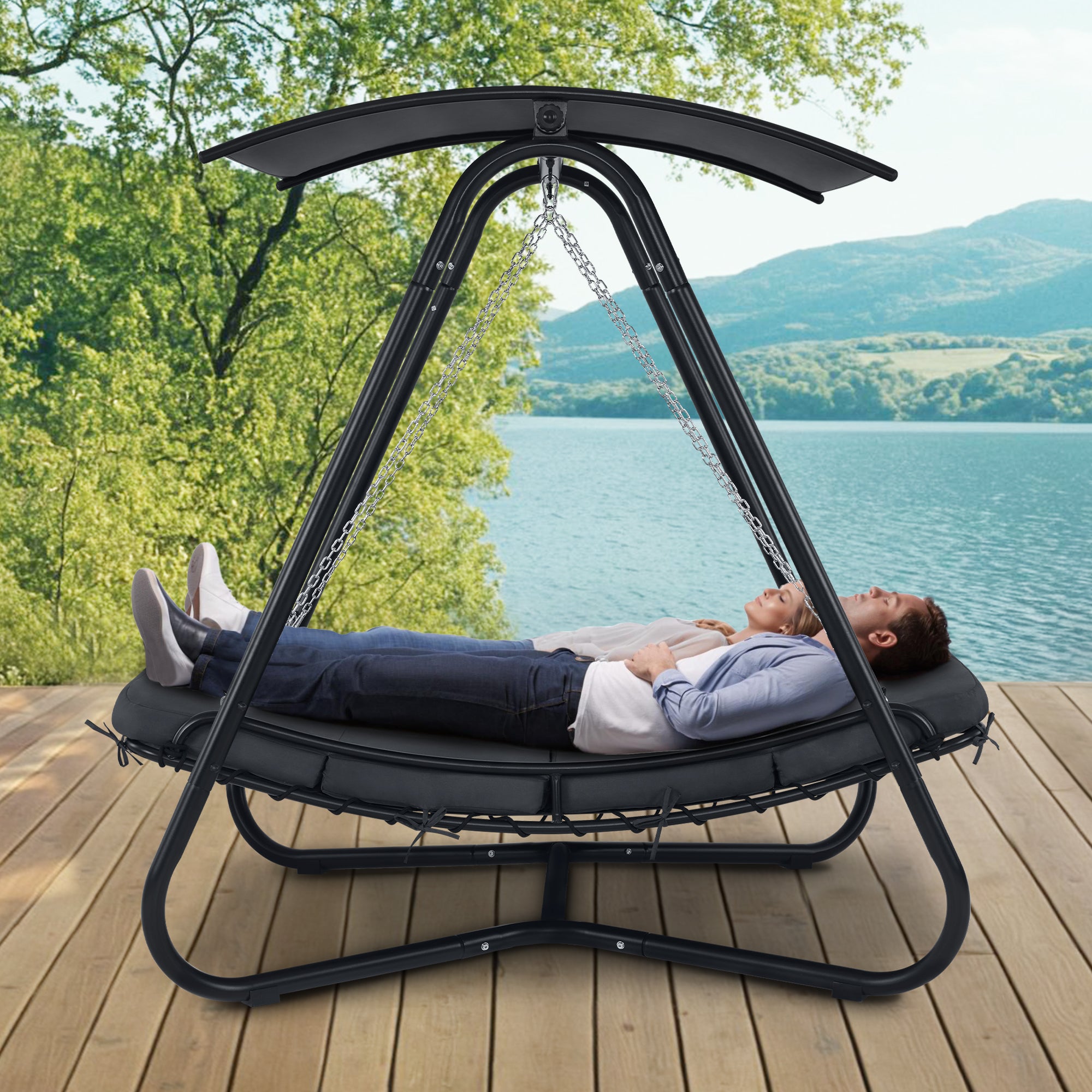 MCombo Dondolo Hollywood con funzione reclinabile, lettino da giardino per esterni, resistente alle intemperie, con parasole e cuscino di seduta extra spesso, dimensioni 167x155x173 cm, codice 8012 (grigio)