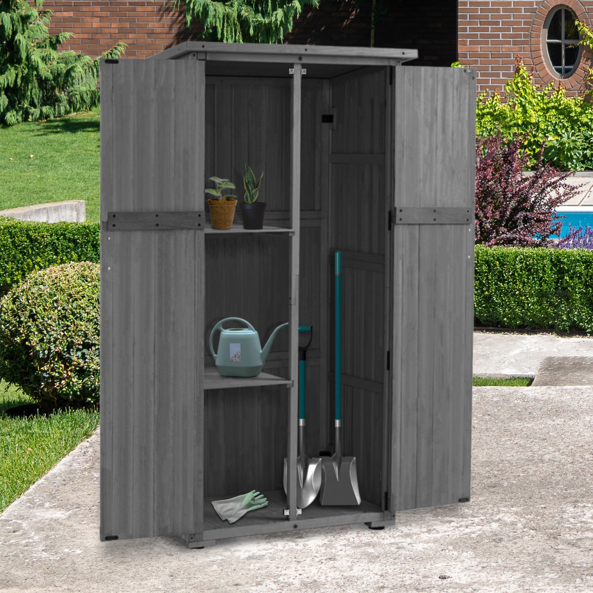M MCombo Tuinkast Hout, Klein Tuinhuis Weerbestendig, Outdoor Gereedschapsopslag, voor Buiten Balkon Terras, 90×55×169cm, 0878