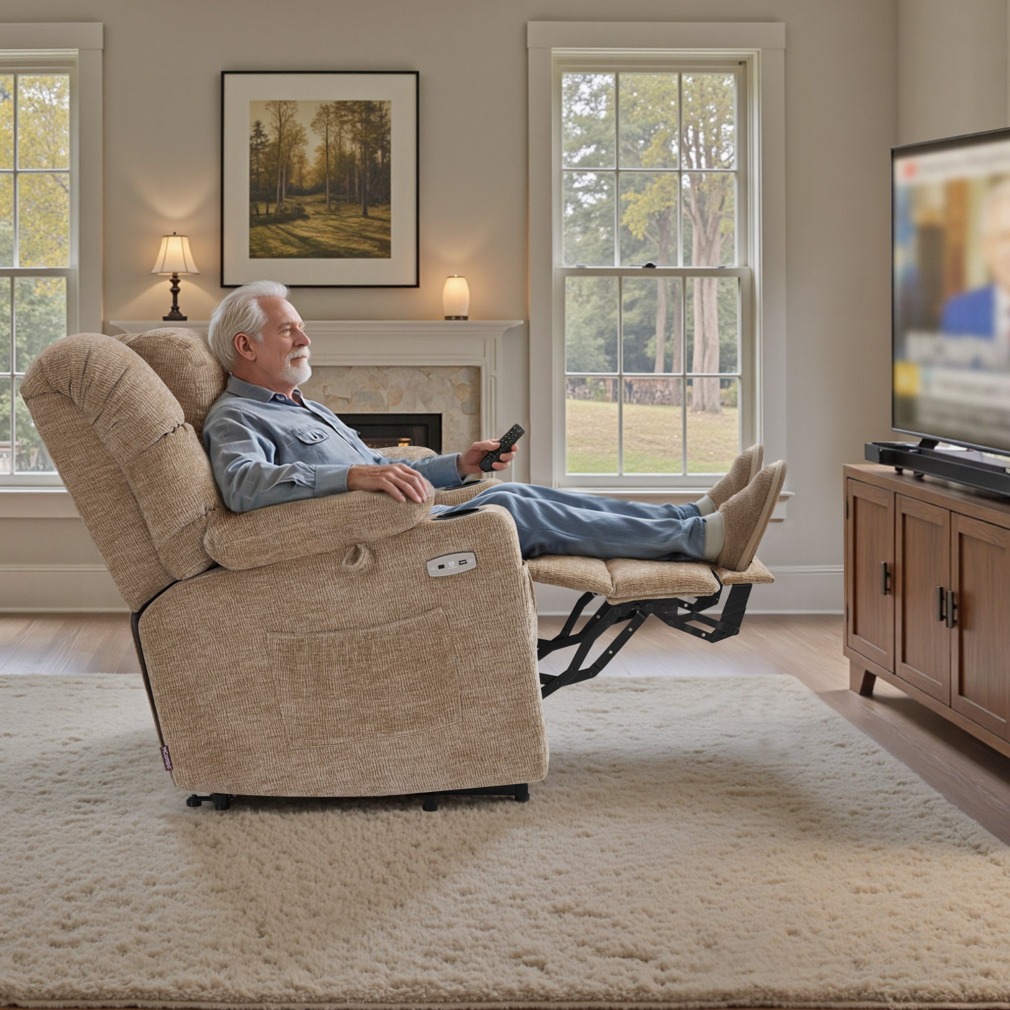 MCombo Poltrona relax elettrica con funzione di sollevamento 7550, dotata di 3 motori a regolazione indipendente, inclinazione fino a 170°, poggiapiedi esteso e porta USB; ideale per il soggiorno di anziani.