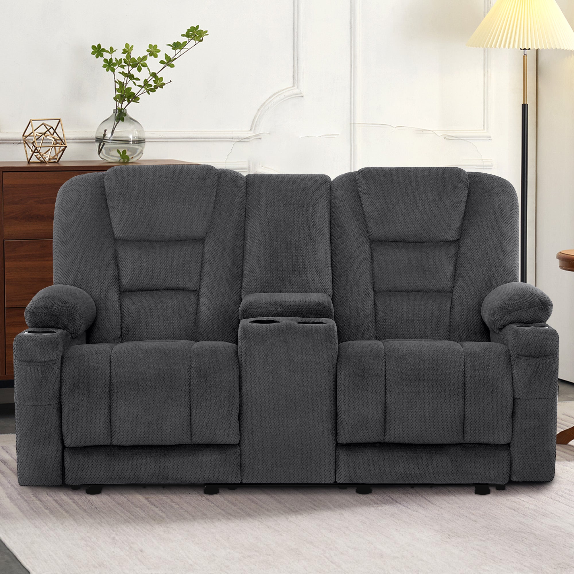 MCombo Divano elettrico con funzione letto, divano reclinabile a 2 o 3 posti (inclinazione fino a 150° regolabile tramite pulsante), divano stile cinema con funzione relax, USB e portabicchieri, modello 7009 (grigio)