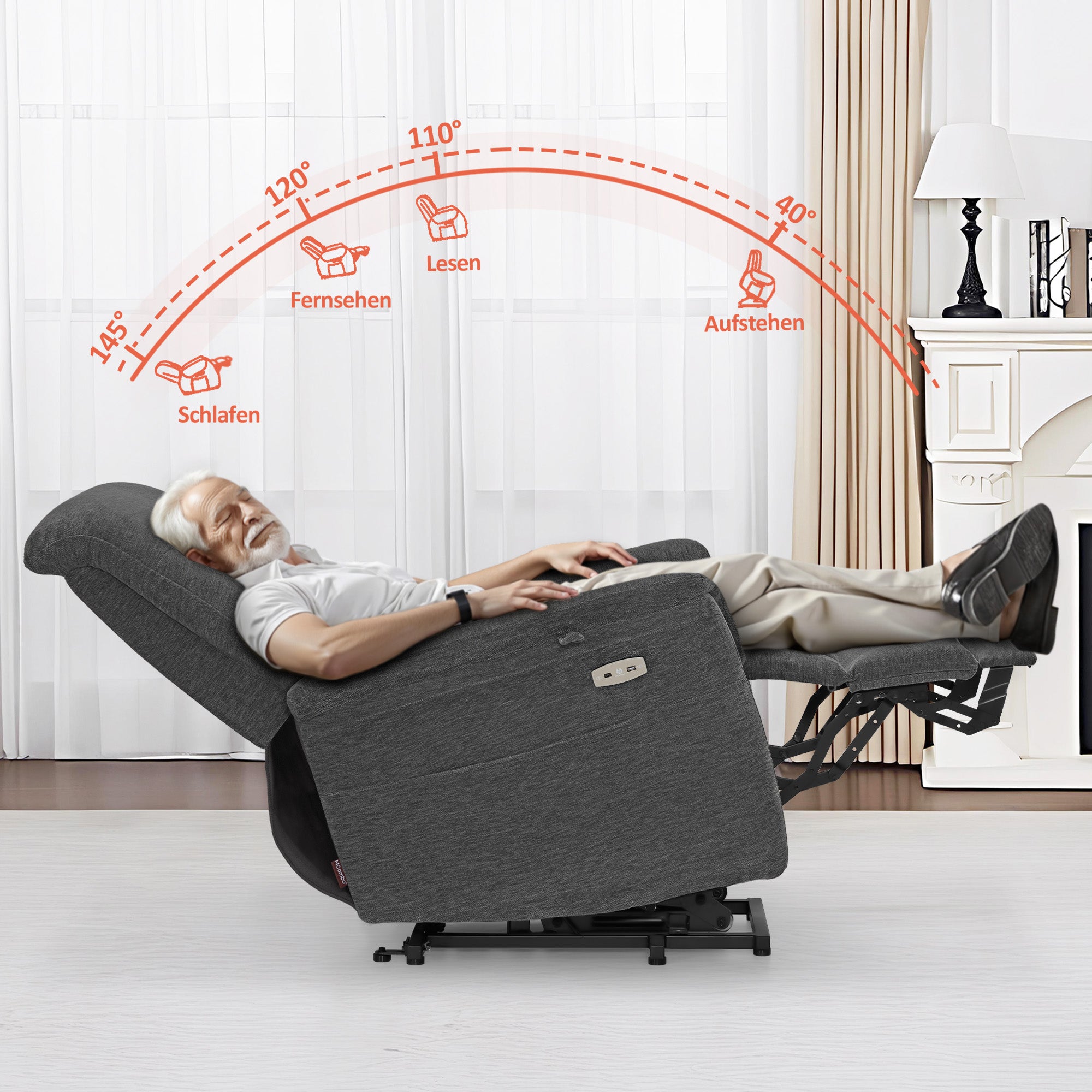 MCombo Poltrona TV elettrica reclinabile con sollevamento assistito, reclinabile fino a 145°, cuscino di seduta in schiuma 35D 7117 (ciniglia, grigio)