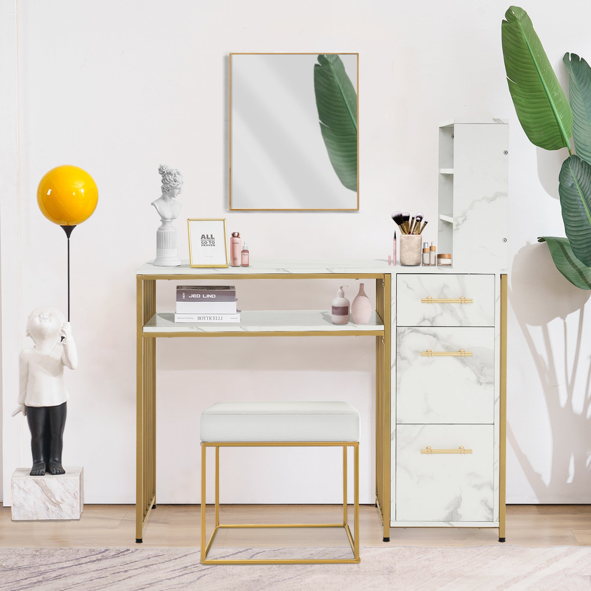 M MCombo Bureau met 3 lades, Nageltafel van hout met metalen frame, Manicure tafel, Make-up tafel zonder spiegel Modern, Computer bureau met plank voor de woonkamer, 43x108x125cm, 2420