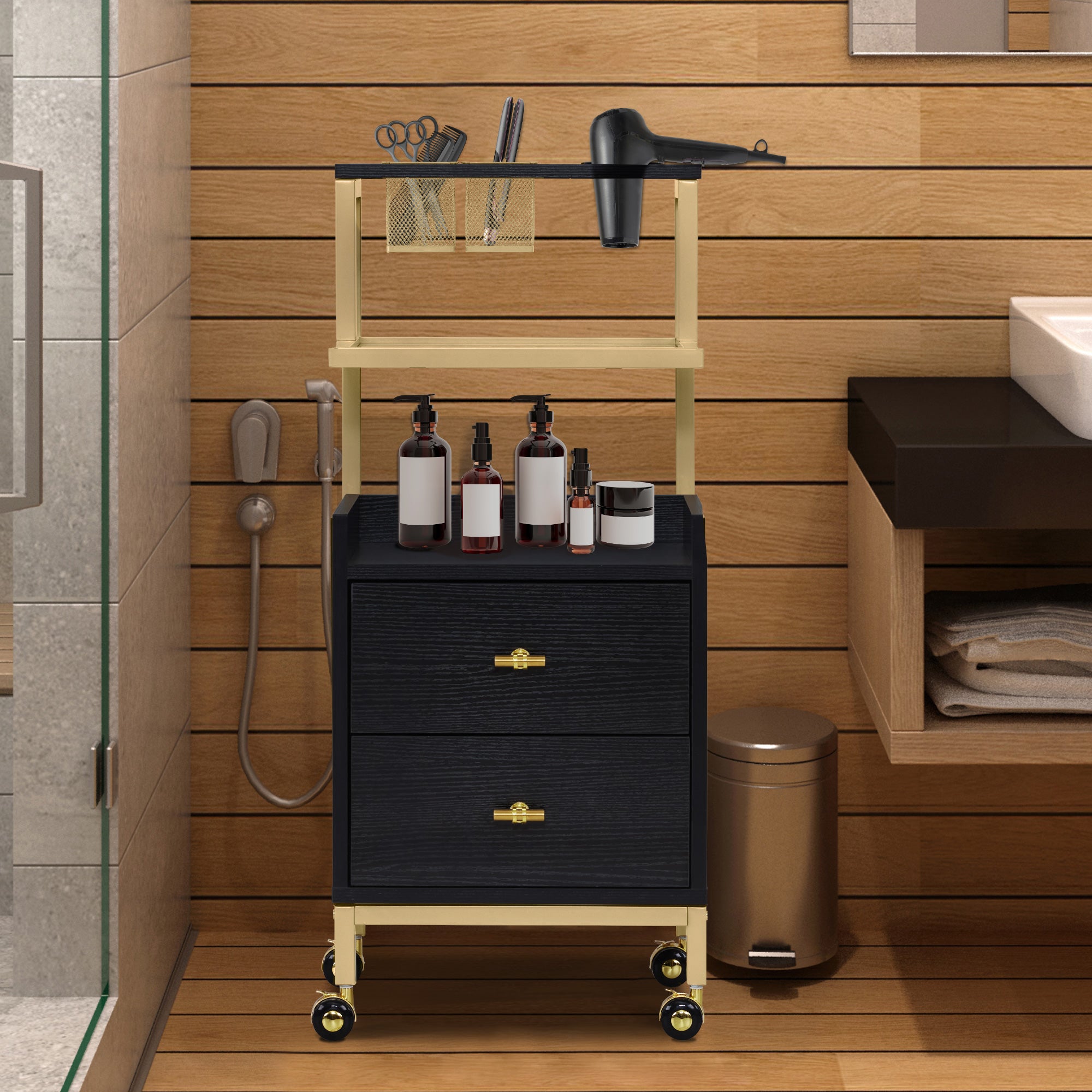 MCombo Carrello con ruote e 2 cassetti, carrello di servizio con 2 ripiani, carrello da lavoro moderno per bagno e soggiorno, 32x37x87 cm, 0029
