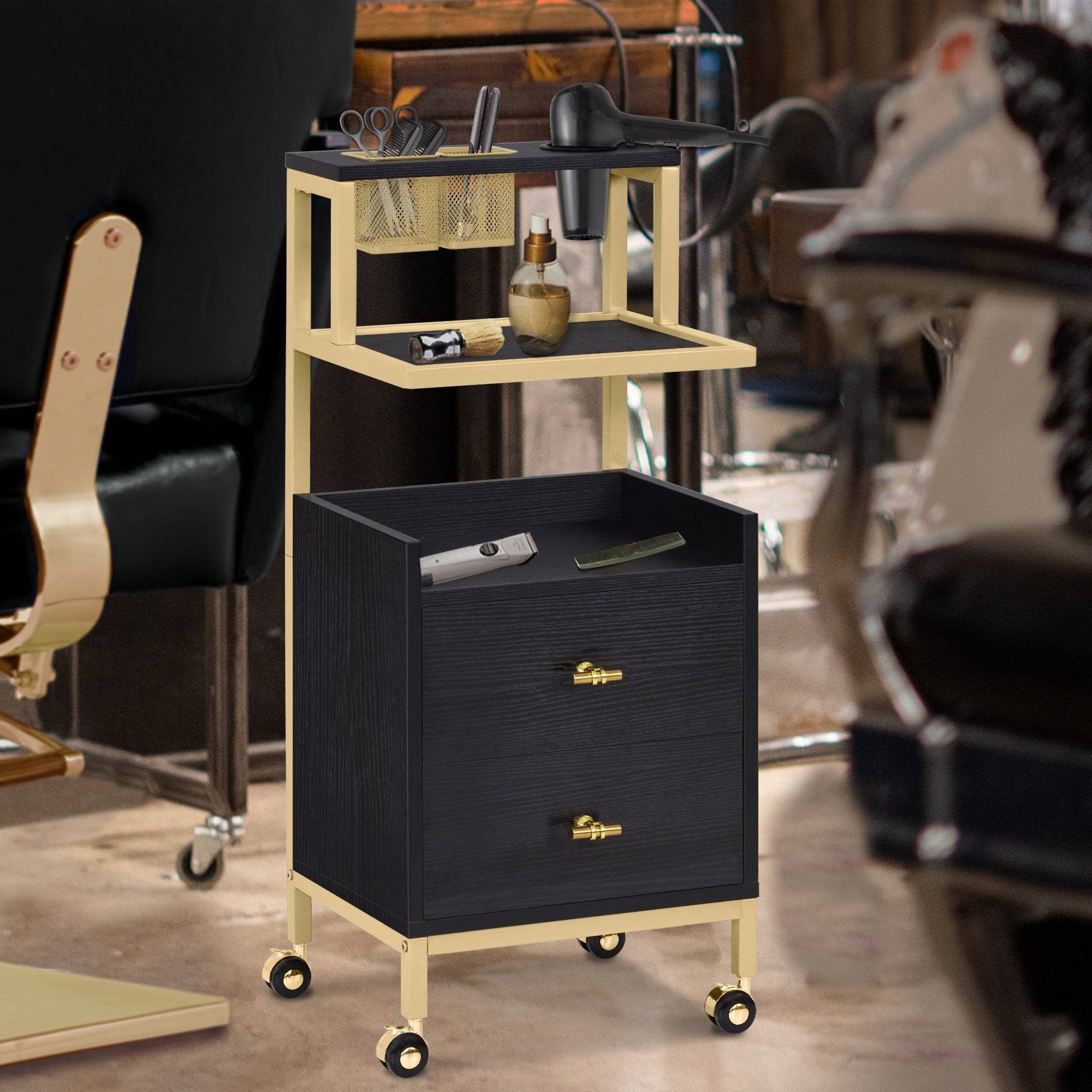 MCombo Carrello con ruote e 2 cassetti, carrello di servizio con 2 ripiani, carrello da lavoro moderno per bagno e soggiorno, 32x37x87 cm, 0029