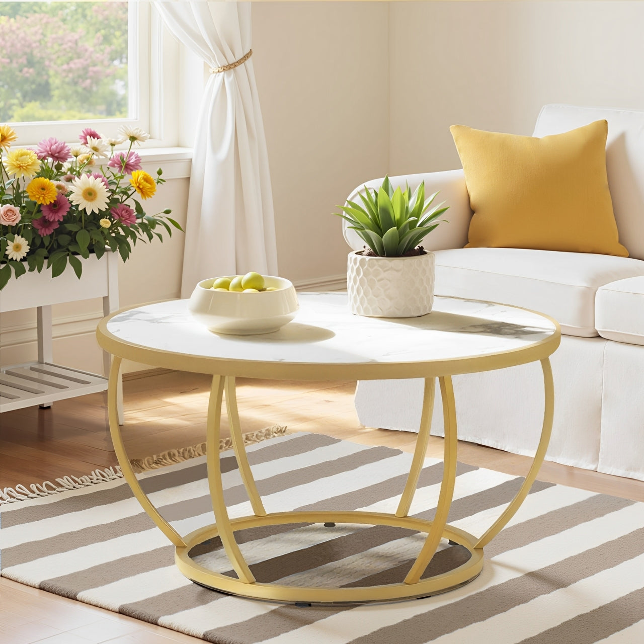 MCombo Tavolino rotondo in legno, moderno tavolino da divano, piccolo tavolino laterale in metallo, tavolino per soggiorno o salone di bellezza, finitura effetto marmo bianco e oro, 80x80x46,5 cm, 2185