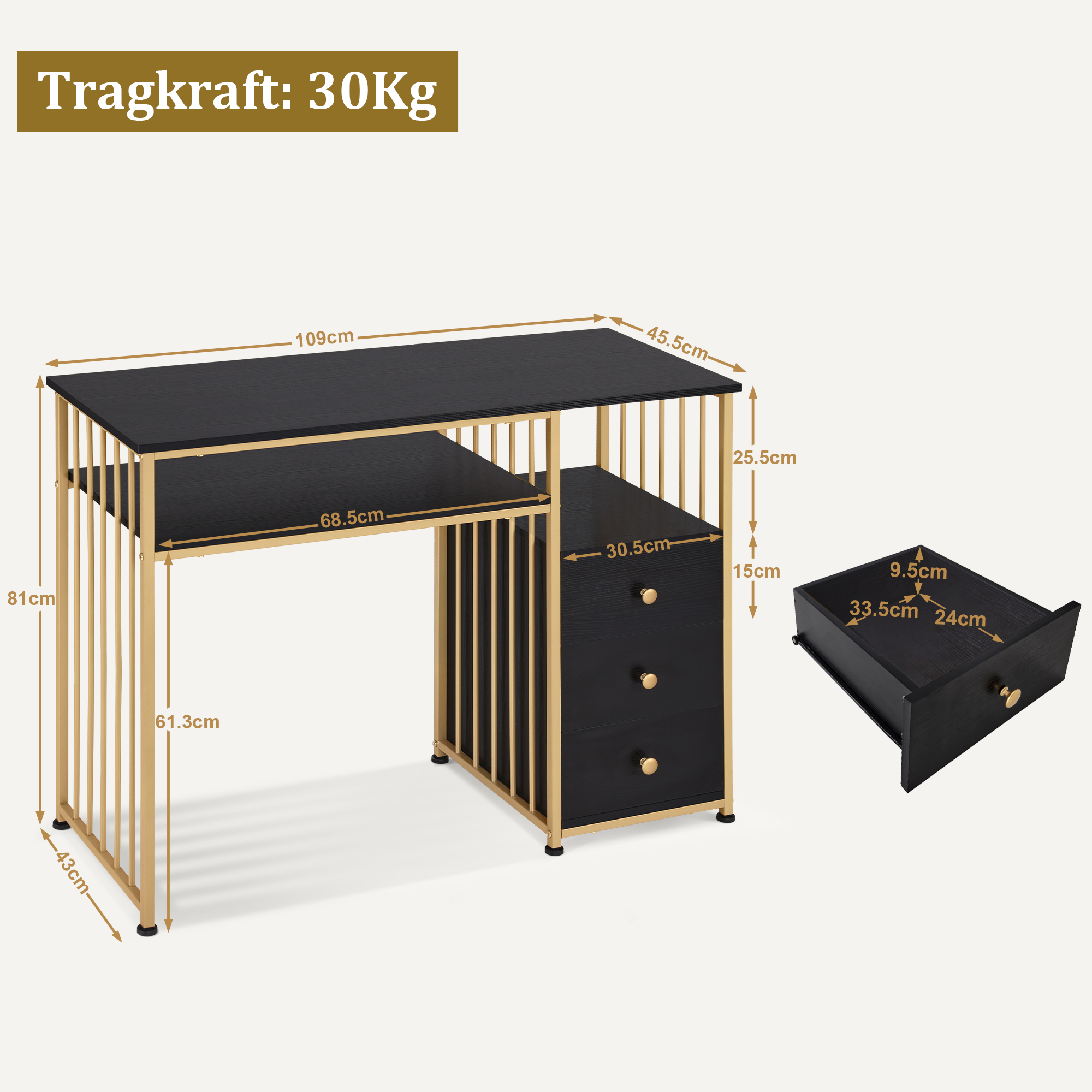 MCombo Scrivania con cassetti, tavolo da trucco senza specchio, tavolo per manicure in legno con struttura in metallo, scrivania moderna per computer per soggiorno, 109 x 45,5 x 81 cm, 2407