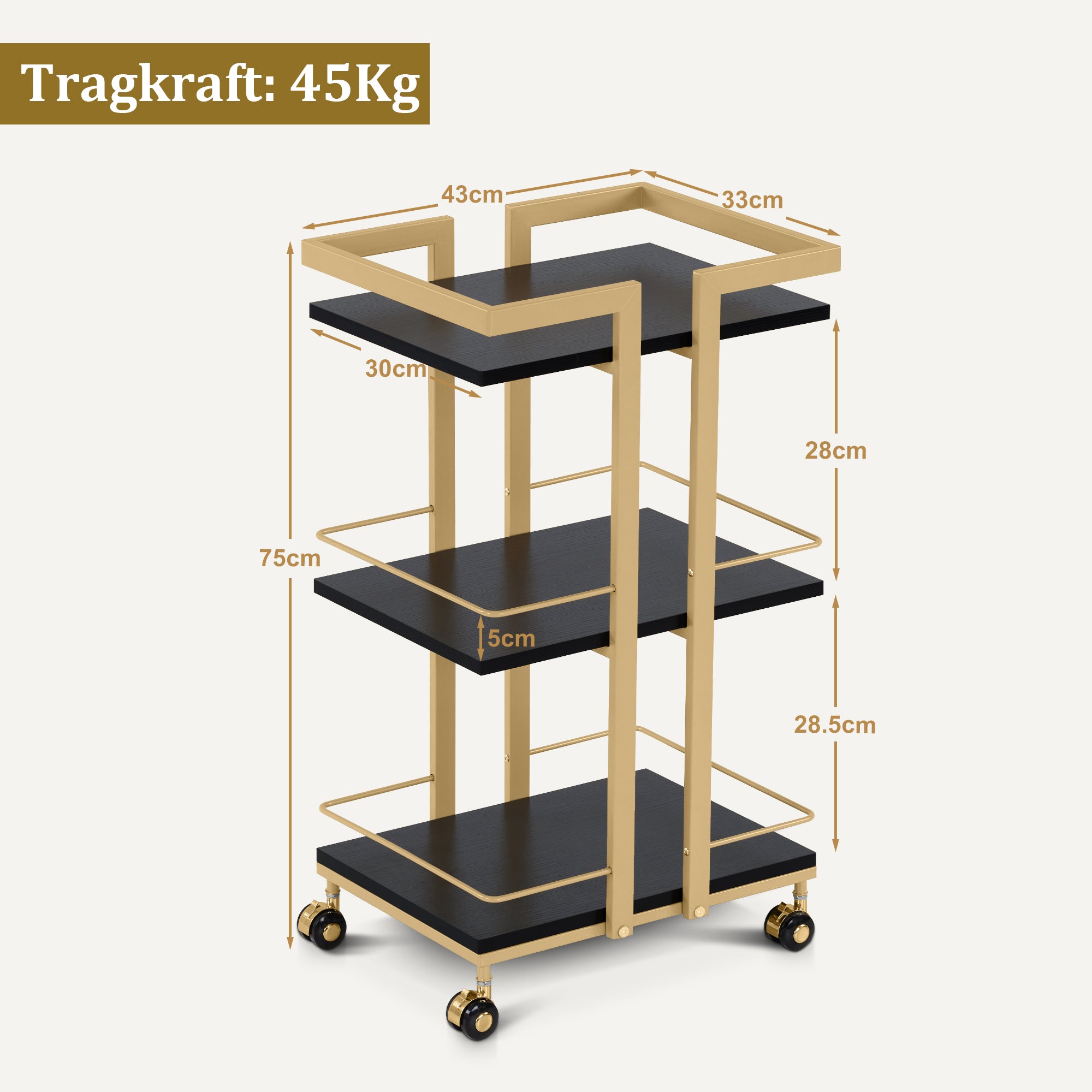 M MCombo Servierwagen met wielen, keukenwagen barwagen met metalen frame, moderne rollwagen multifunctionele wagen met 3 niveaus, voor keuken, badkamer, woonkamer, kantoor, 33*43*75cm, 0033
