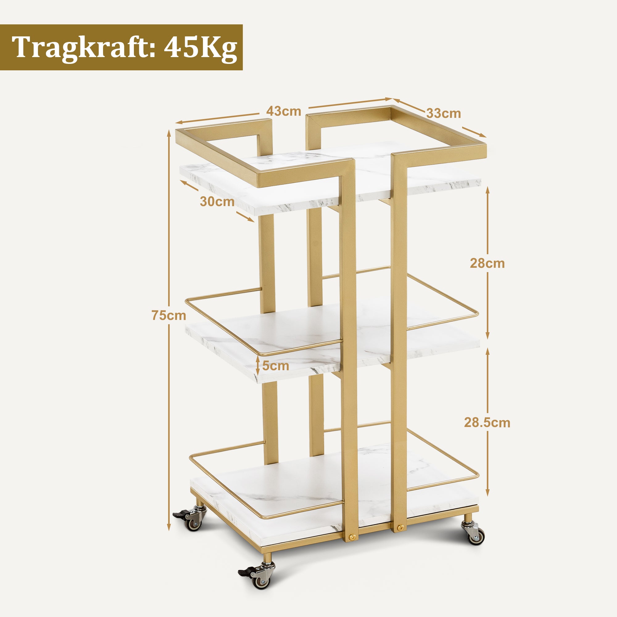 M MCombo Servierwagen met wielen, keukenwagen barwagen met metalen frame, moderne rollwagen multifunctionele wagen met 3 niveaus, voor keuken, badkamer, woonkamer, kantoor, 33*43*75cm, 0033