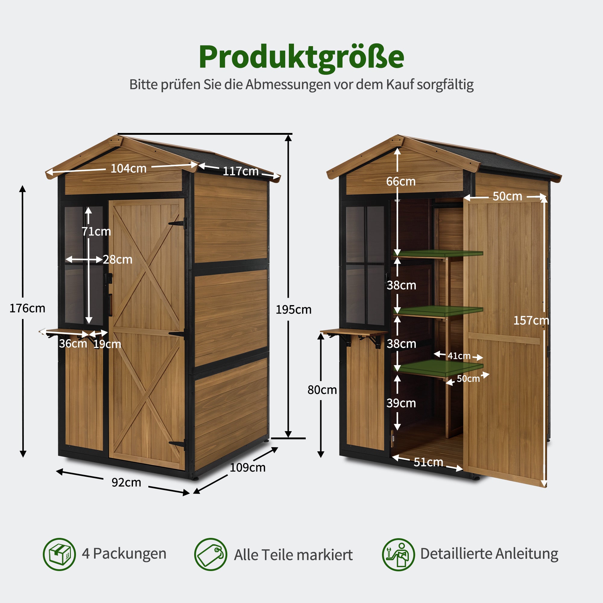 M MCombo Gartenschrank van hout met metalen frame en 3 planken, weerbestendige gereedschuur, tuinhuis voor buiten, waterdicht, opbergkast voor buiten, tuin & terras, 2750 (Natuurlijk)