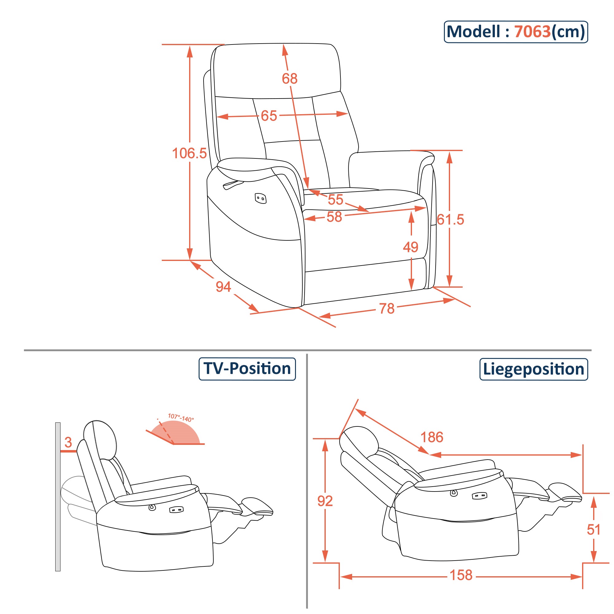 MCombo Poltrona reclinabile elettricamente regolabile, poltrona TV a 3 cm dalla parete, poltrona massaggiante reclinabile con funzione reclinabile, poltrona TV per piccoli spazi, porte USB e Type-C e cuscino lombare, 7063