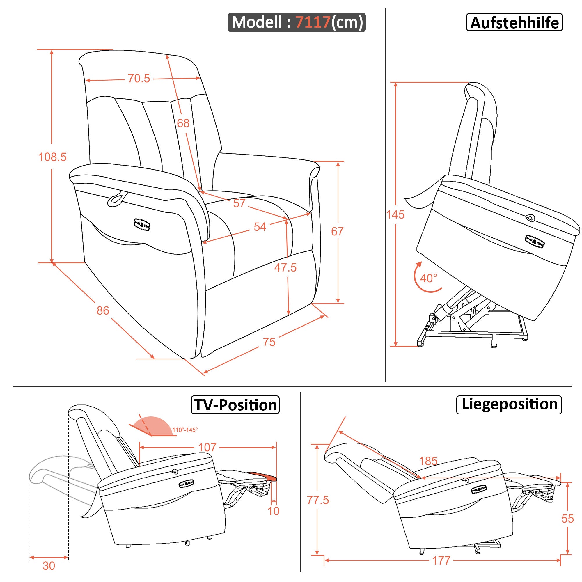 MCombo Poltrona TV elettrica reclinabile con sollevamento assistito, reclinabile fino a 145°, cuscino di seduta in schiuma 35D 7117 (ciniglia, grigio)