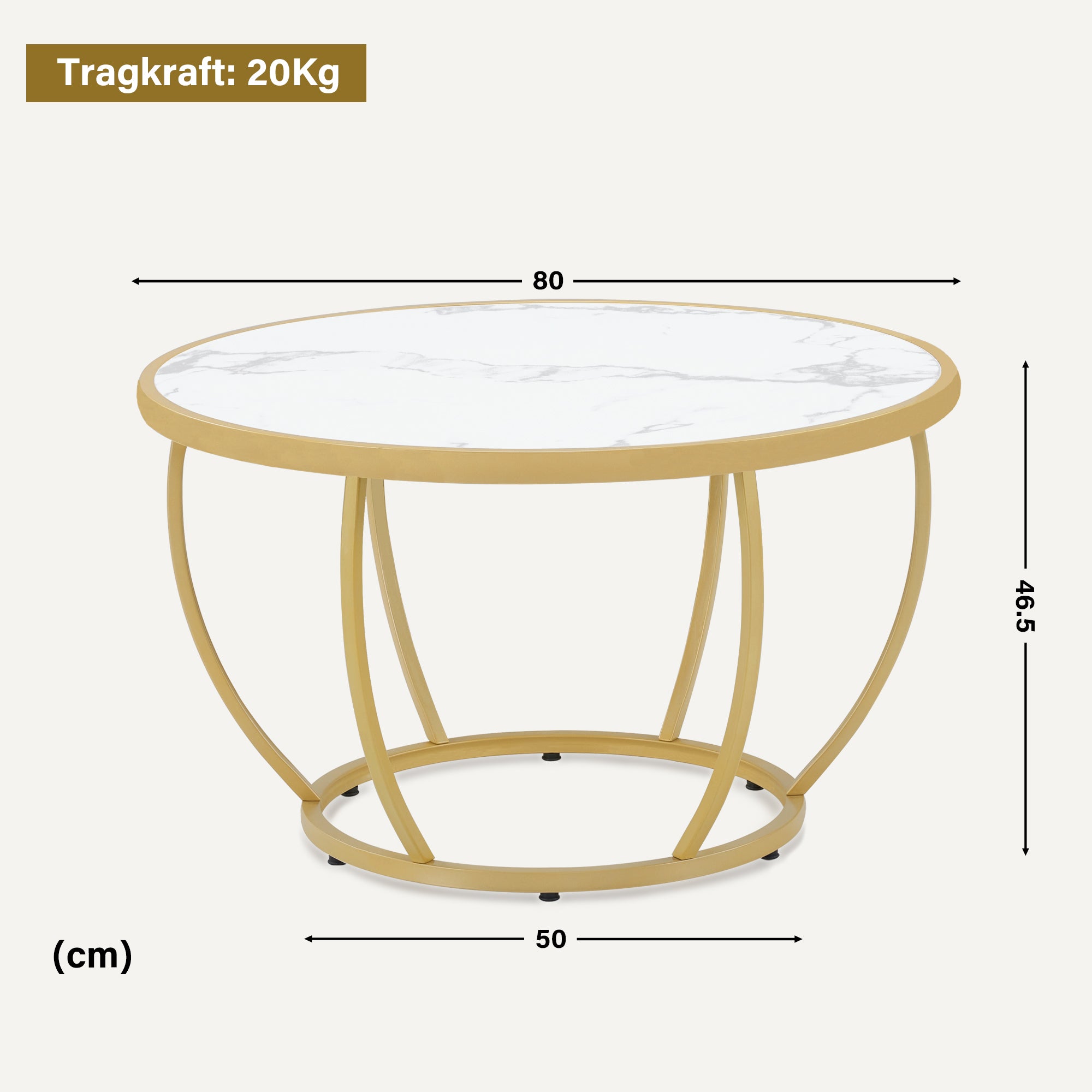 MCombo Tavolino rotondo in legno, moderno tavolino da divano, piccolo tavolino laterale in metallo, tavolino per soggiorno o salone di bellezza, finitura effetto marmo bianco e oro, 80x80x46,5 cm, 2185