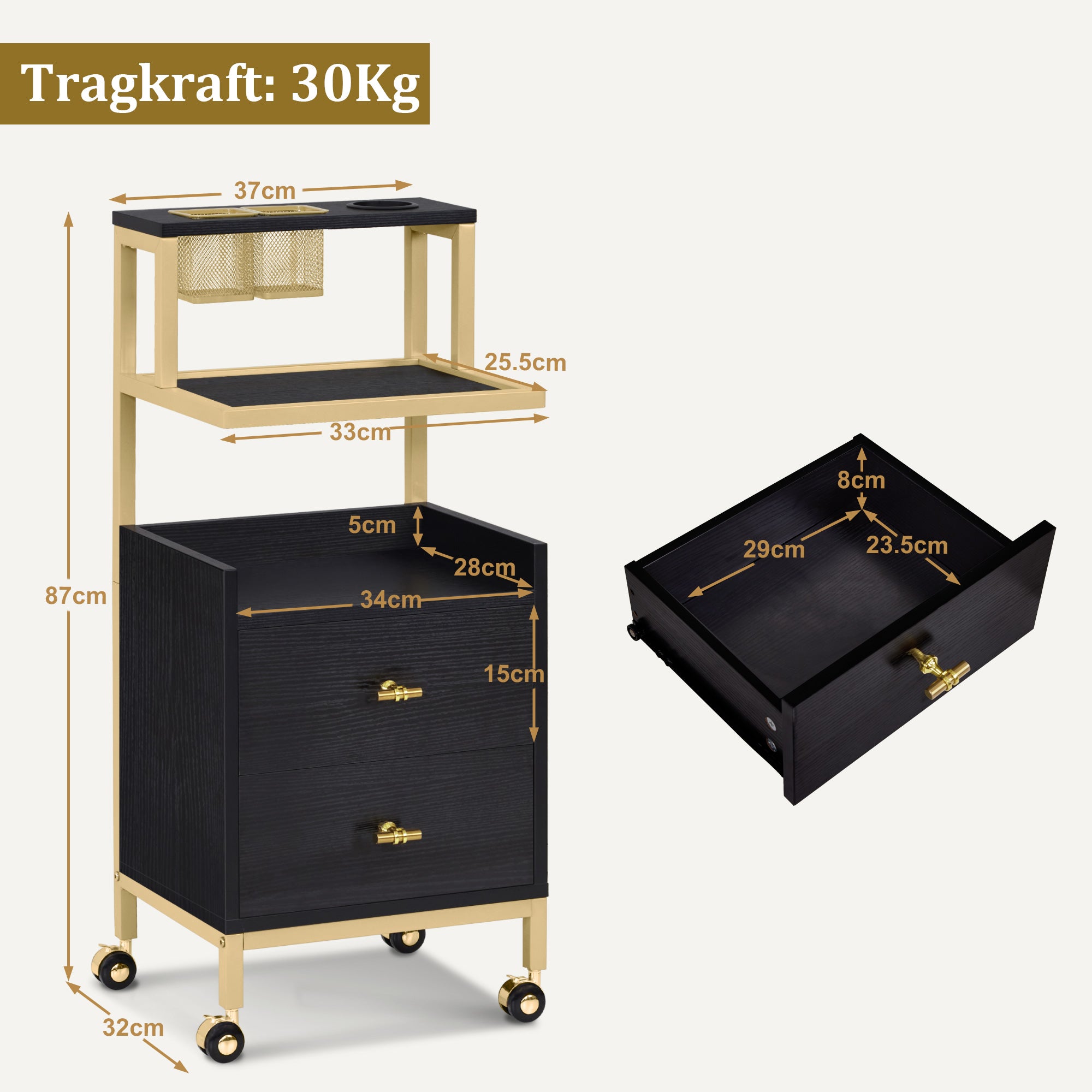 MCombo Carrello con ruote e 2 cassetti, carrello di servizio con 2 ripiani, carrello da lavoro moderno per bagno e soggiorno, 32x37x87 cm, 0029