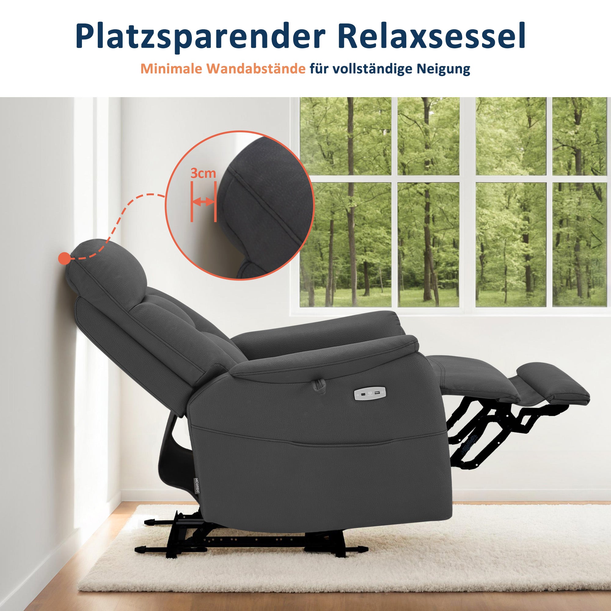 MCombo Poltrona reclinabile elettricamente regolabile, poltrona TV a 3 cm dalla parete, poltrona massaggiante reclinabile con funzione reclinabile, poltrona TV per piccoli spazi, porte USB e Type-C e cuscino lombare, 7063