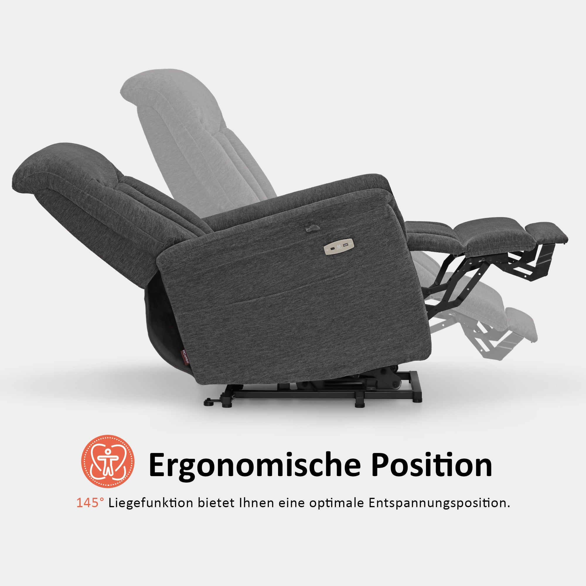 MCombo Poltrona TV elettrica reclinabile con sollevamento assistito, reclinabile fino a 145°, cuscino di seduta in schiuma 35D 7117 (ciniglia, grigio)