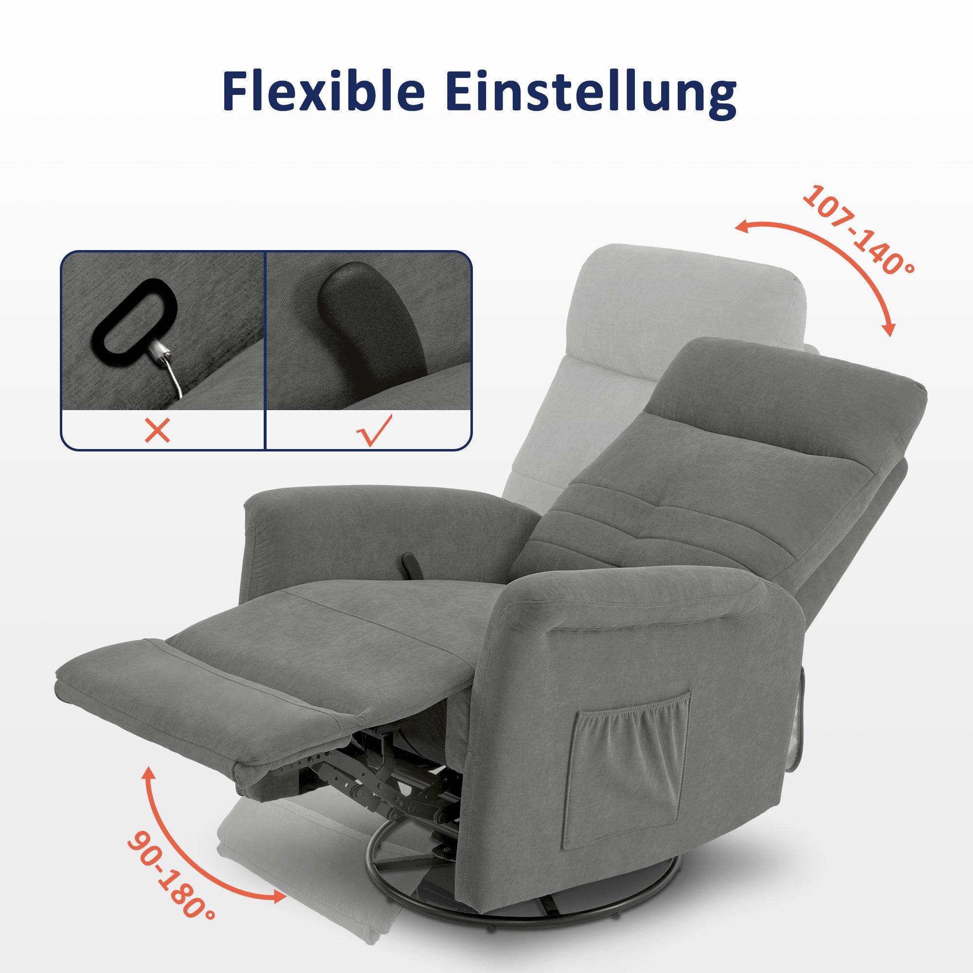 MCombo Poltrona TV relax con funzione reclinabile, manuale, funzione dondolo e girevole, ruotabile a 360°, soggiorno, camera da letto, 7011