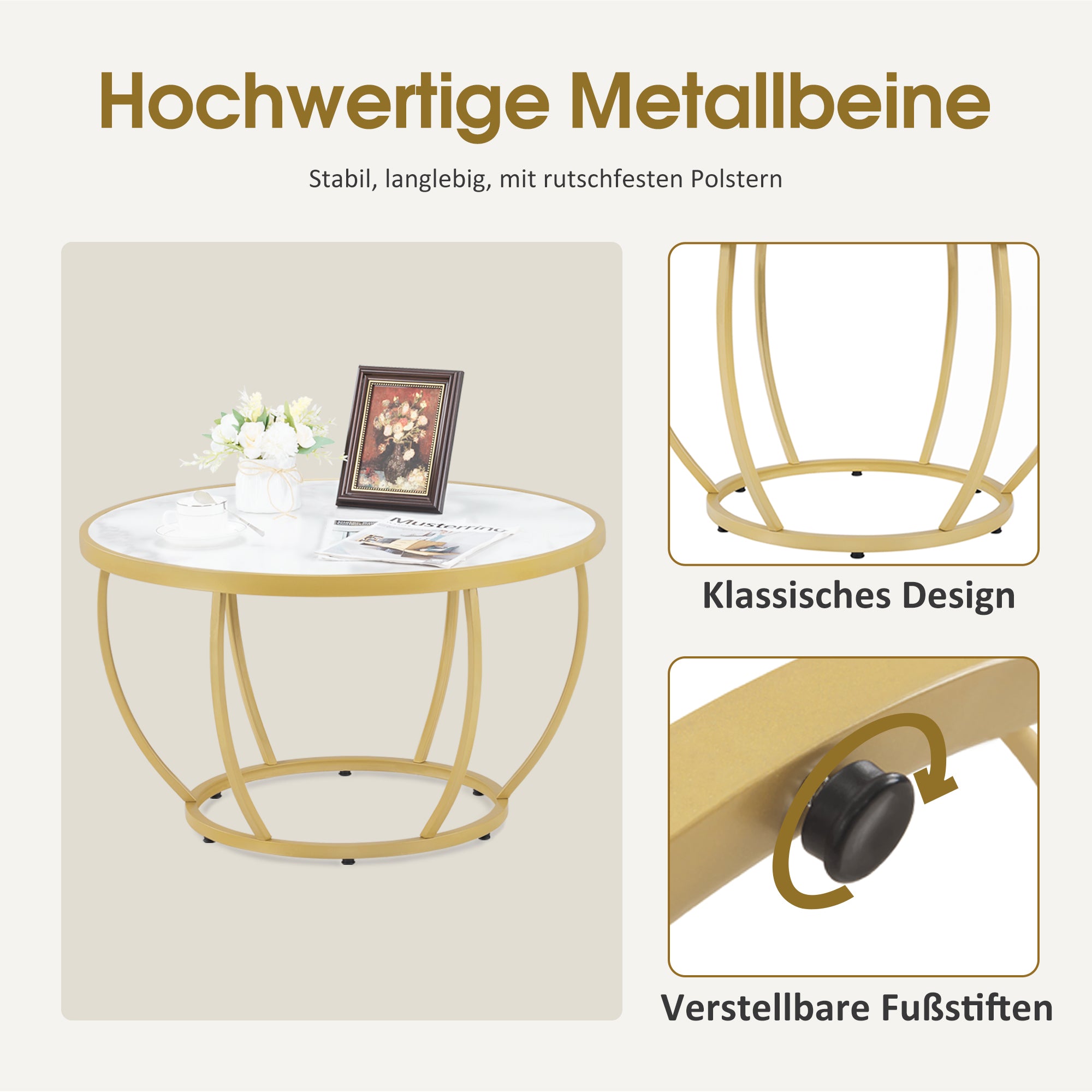 MCombo Tavolino rotondo in legno, moderno tavolino da divano, piccolo tavolino laterale in metallo, tavolino per soggiorno o salone di bellezza, finitura effetto marmo bianco e oro, 80x80x46,5 cm, 2185