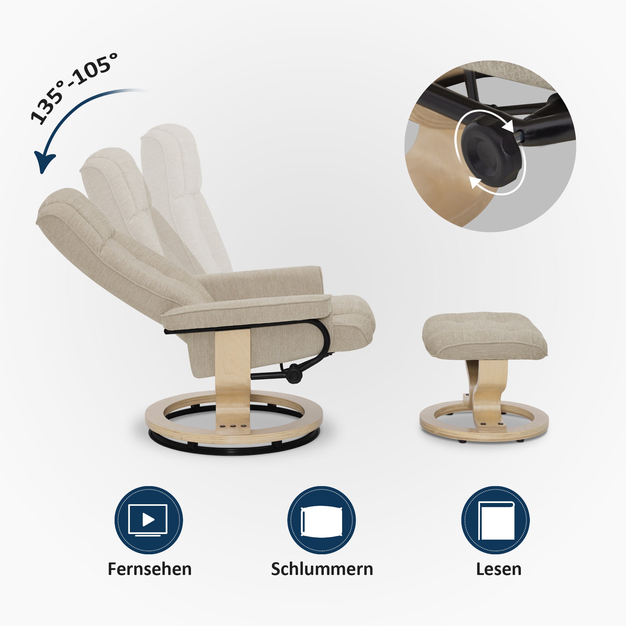 MCombo Poltrona relax con poggiapiedi, poltrona TV girevole a 360° con funzione reclinabile, poltrona TV con portata massima di 120 kg, moderna poltrona lounge per soggiorno, 9019