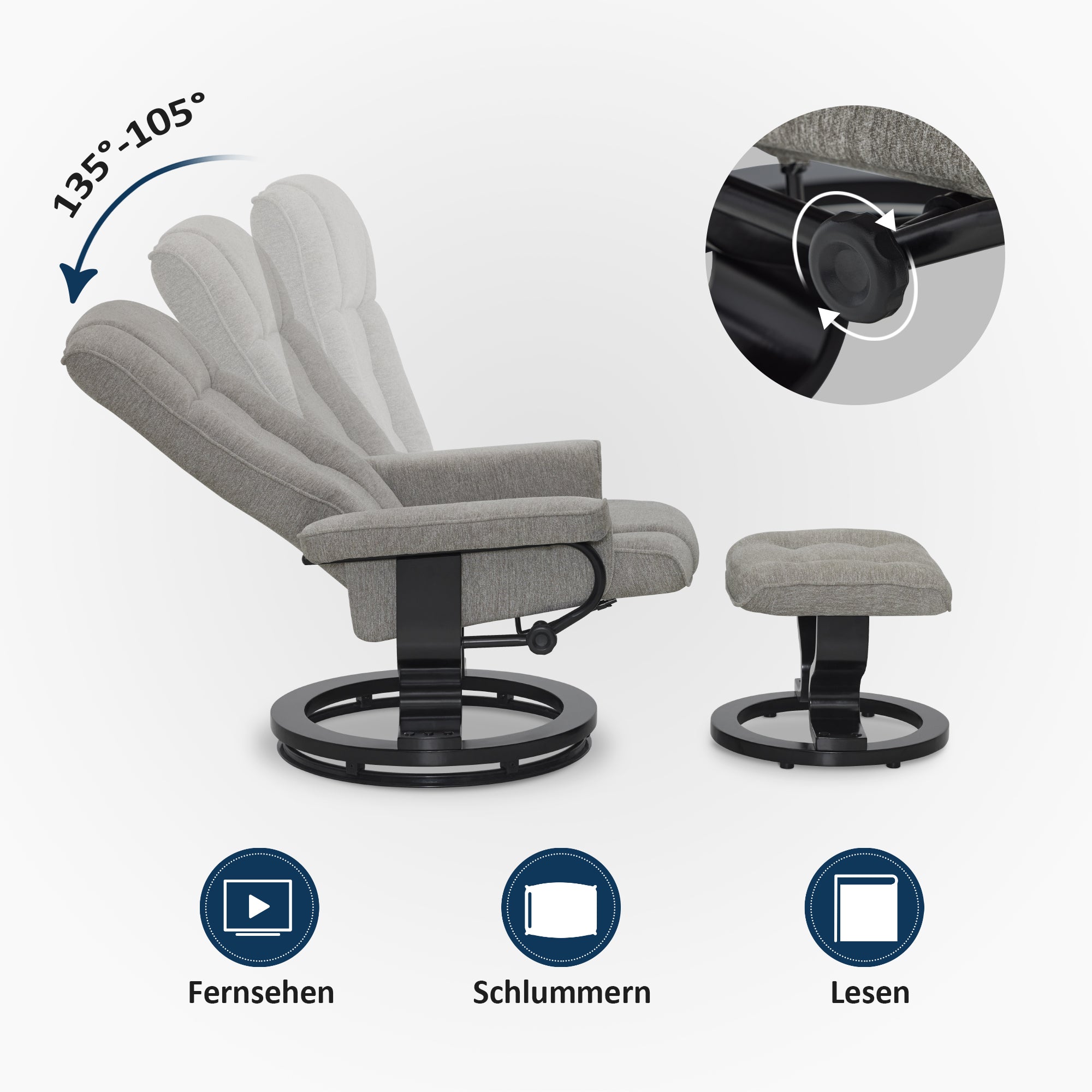 MCombo Poltrona relax con poggiapiedi, poltrona TV girevole a 360° con funzione reclinabile, poltrona TV con portata massima di 120 kg, moderna poltrona lounge per soggiorno, 9019
